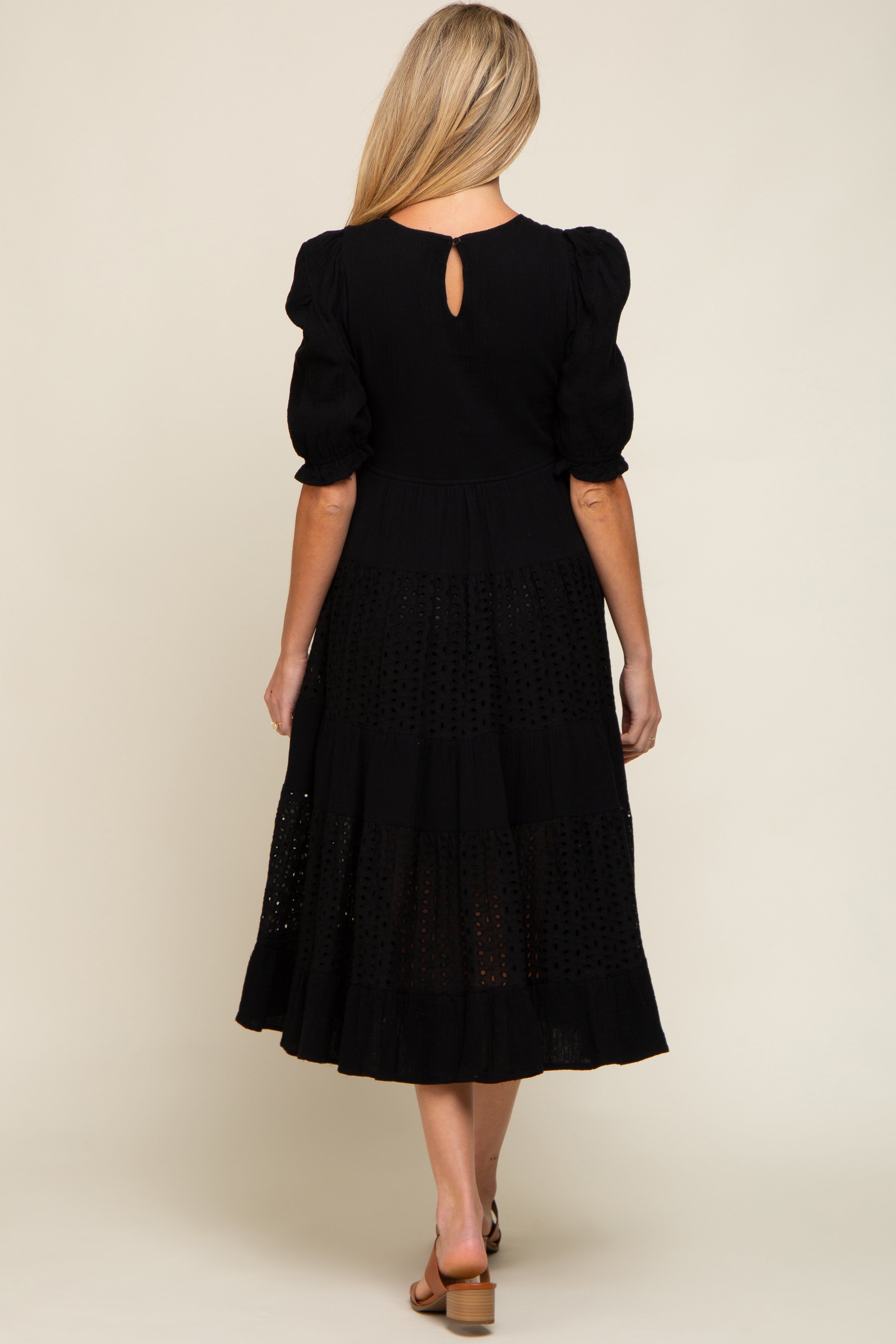 Black Eyelet Puff Sleeve Tiered Maternity Midi Dress sold by Pinkblush product image thumbnail 3