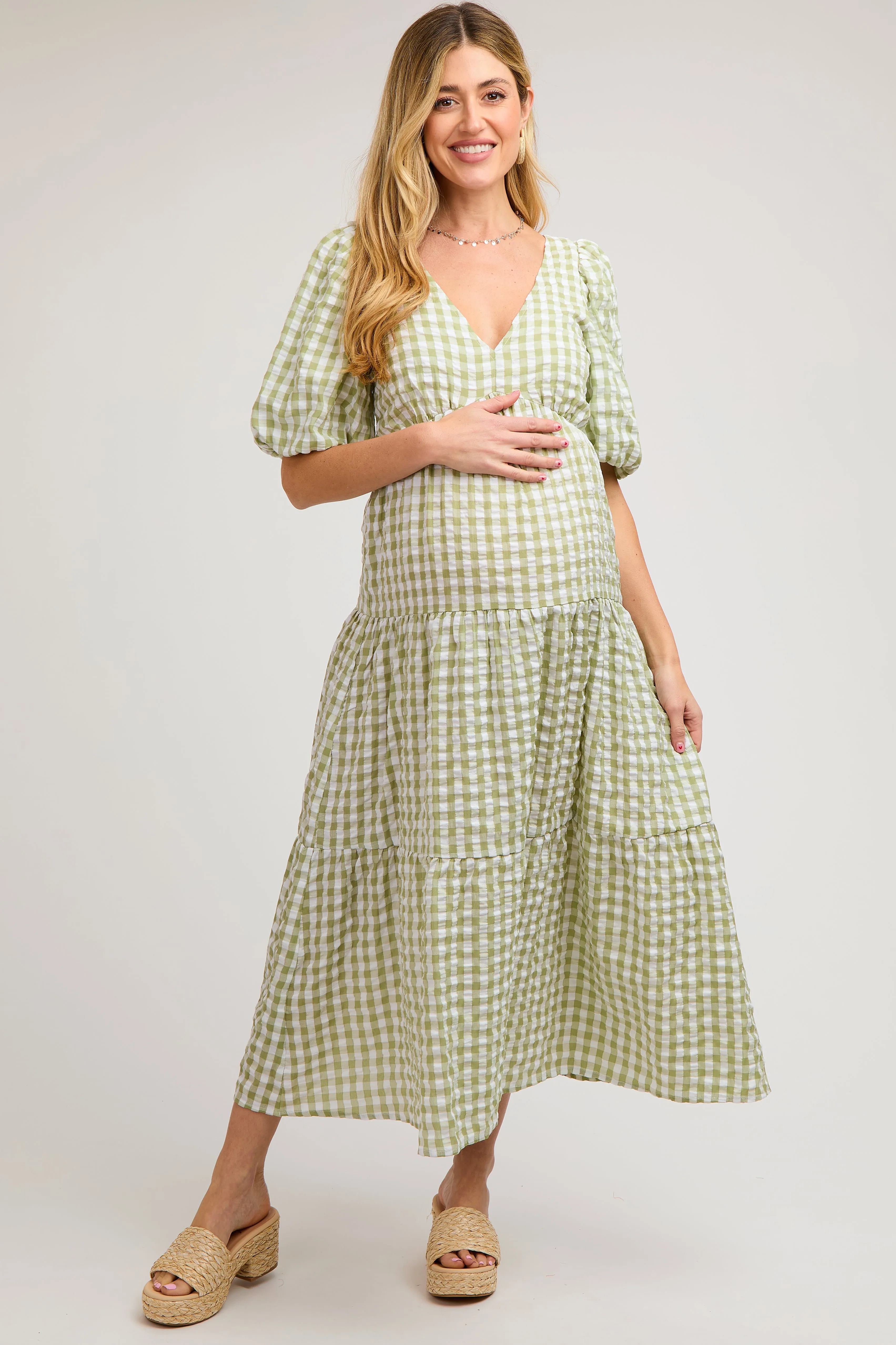 Light Olive Gingham Puff Sleeve Maternity Tiered Midi Dress sold by Pinkblush product image thumbnail 2
