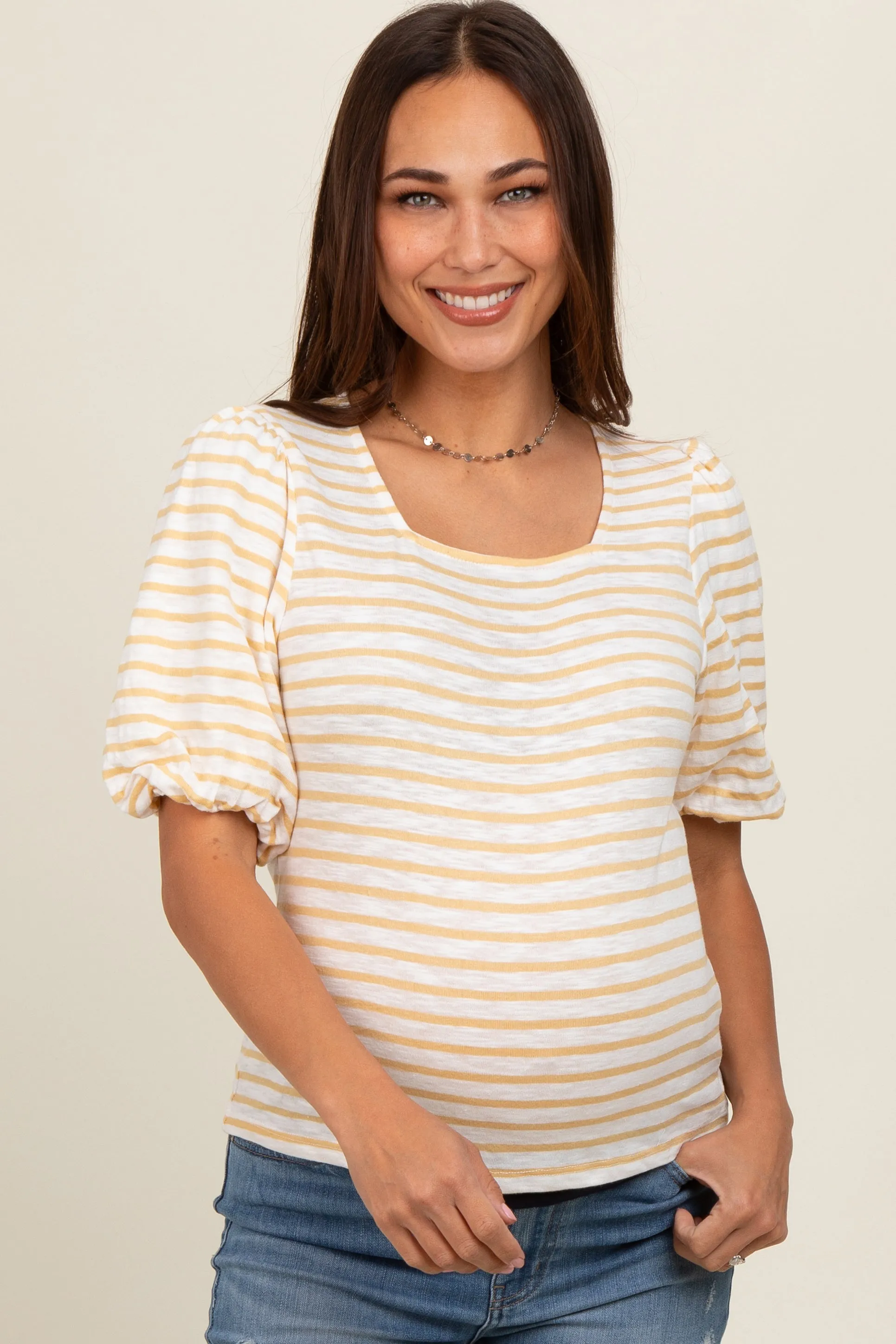 Yellow Striped Puff Sleeve Maternity Top sold by Pinkblush product image thumbnail 2