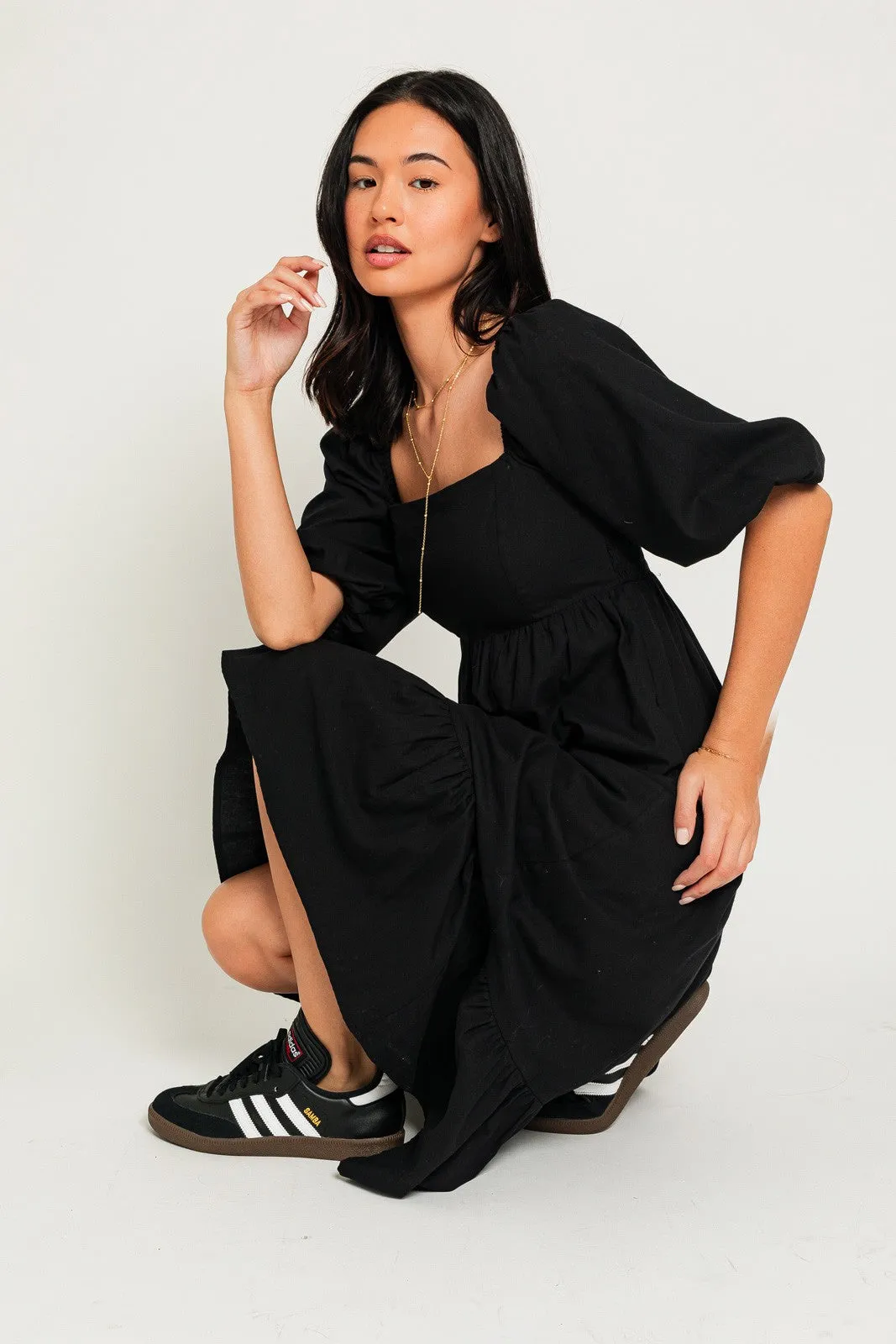 Black Square Neck Puff Sleeve Midi Dress sold by Pinkblush product image thumbnail 4
