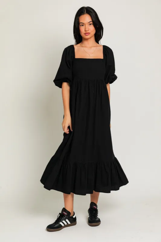 Black Square Neck Puff Sleeve Midi Dress sold by Pinkblush