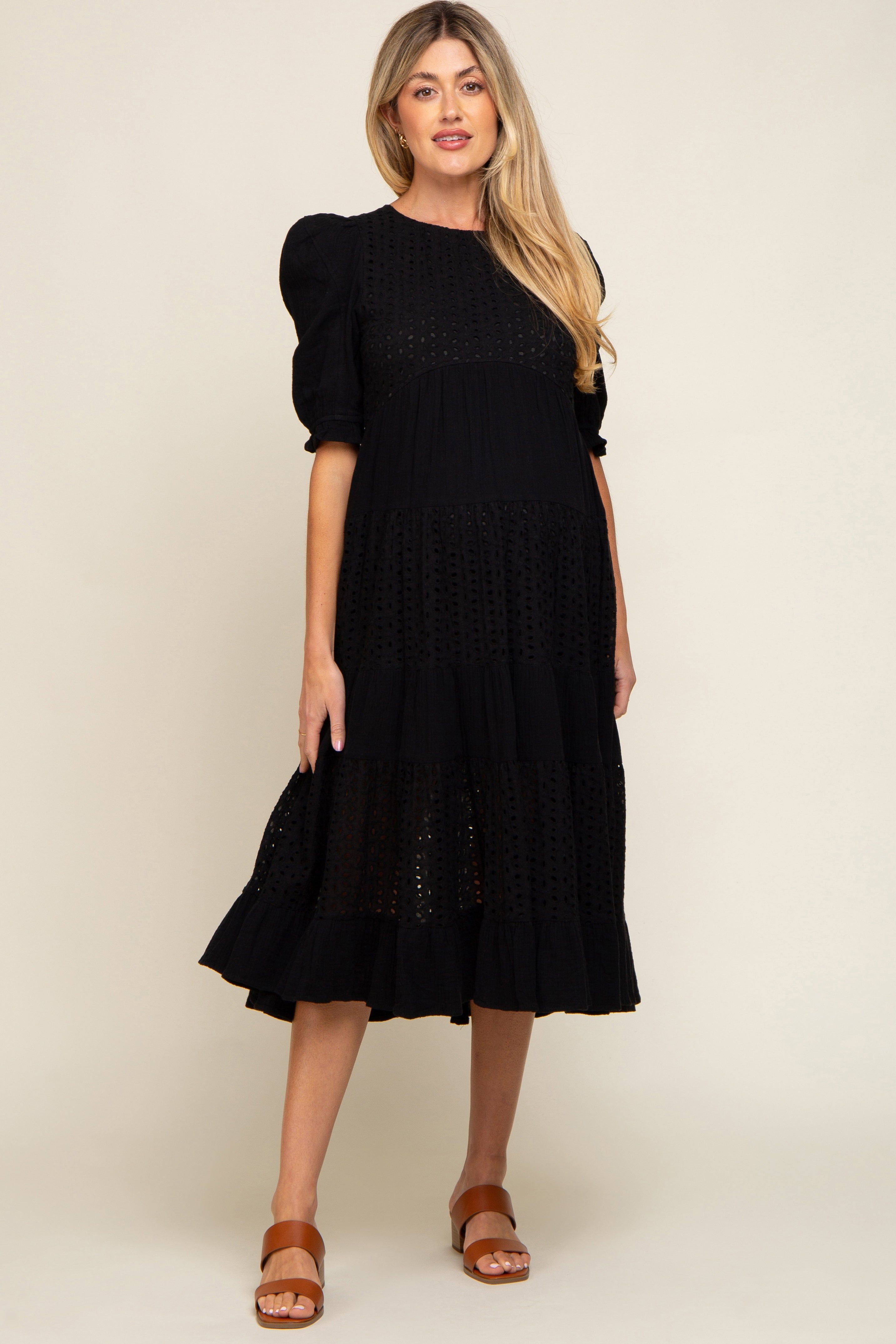 Black Eyelet Puff Sleeve Tiered Maternity Midi Dress sold by Pinkblush