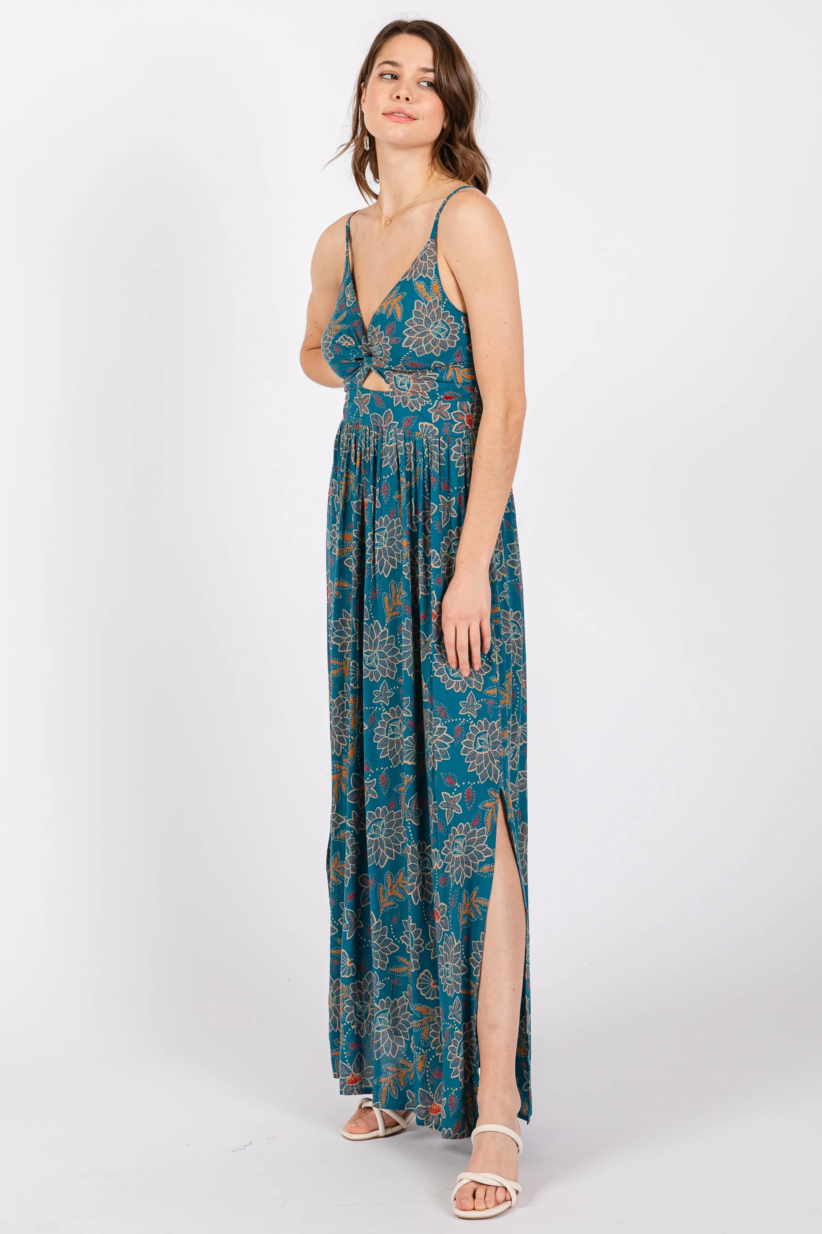 Teal Floral Sleeveless Front Knot Twist Dress sold by Pinkblush product image thumbnail 3