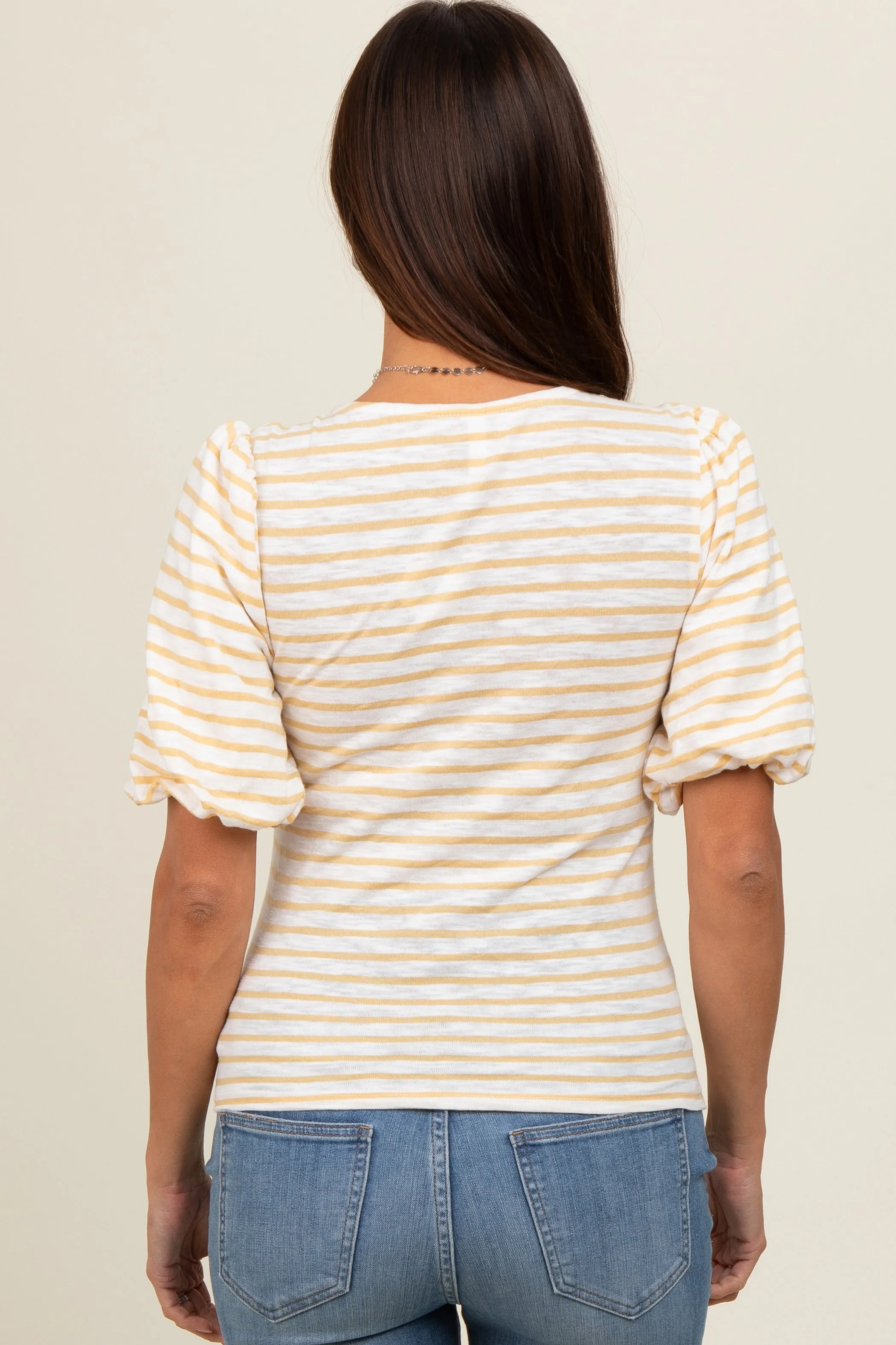 Yellow Striped Puff Sleeve Maternity Top sold by Pinkblush product image thumbnail 3