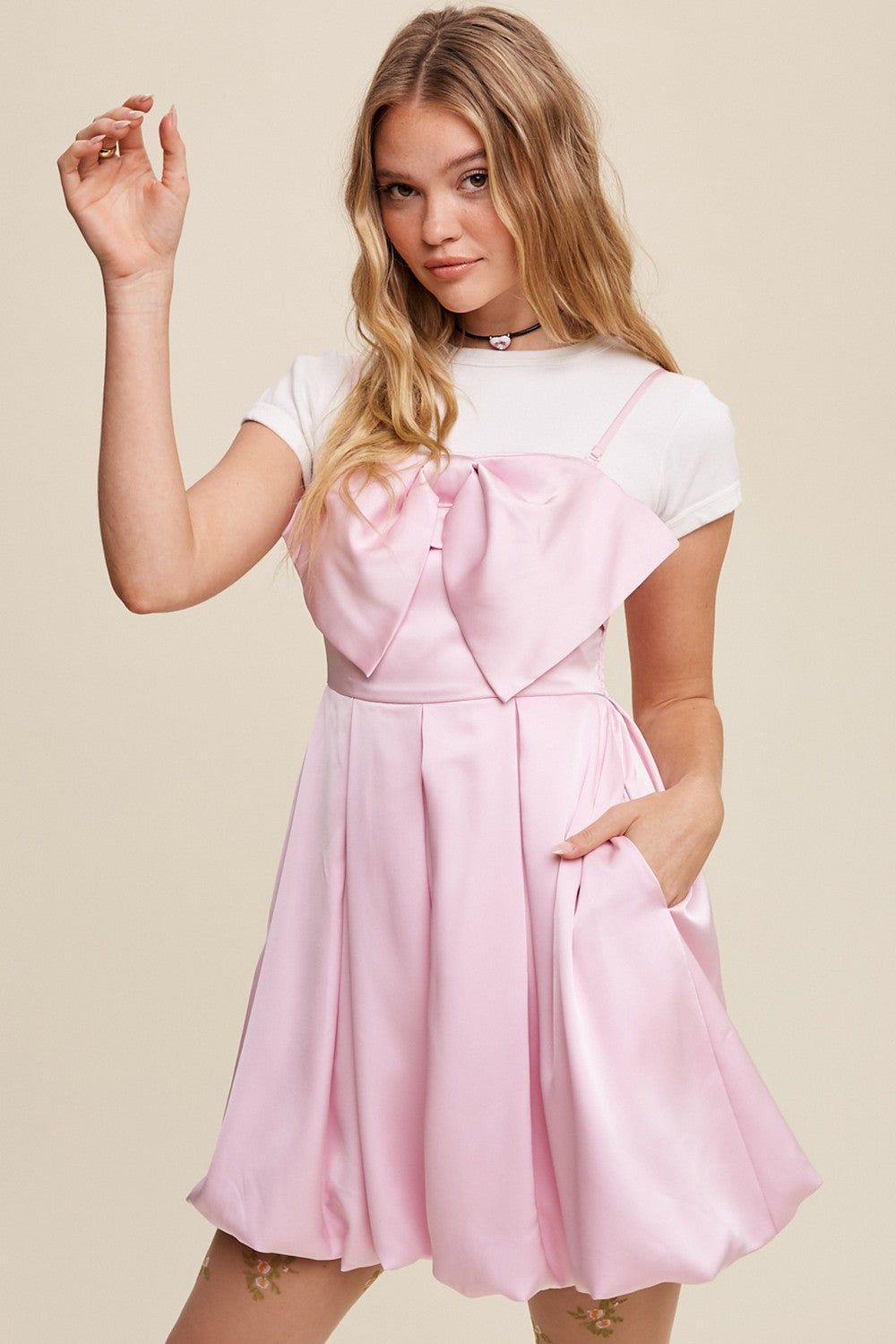 Baby Pink Bow Tie Mini Satin Dress sold by Pinkblush