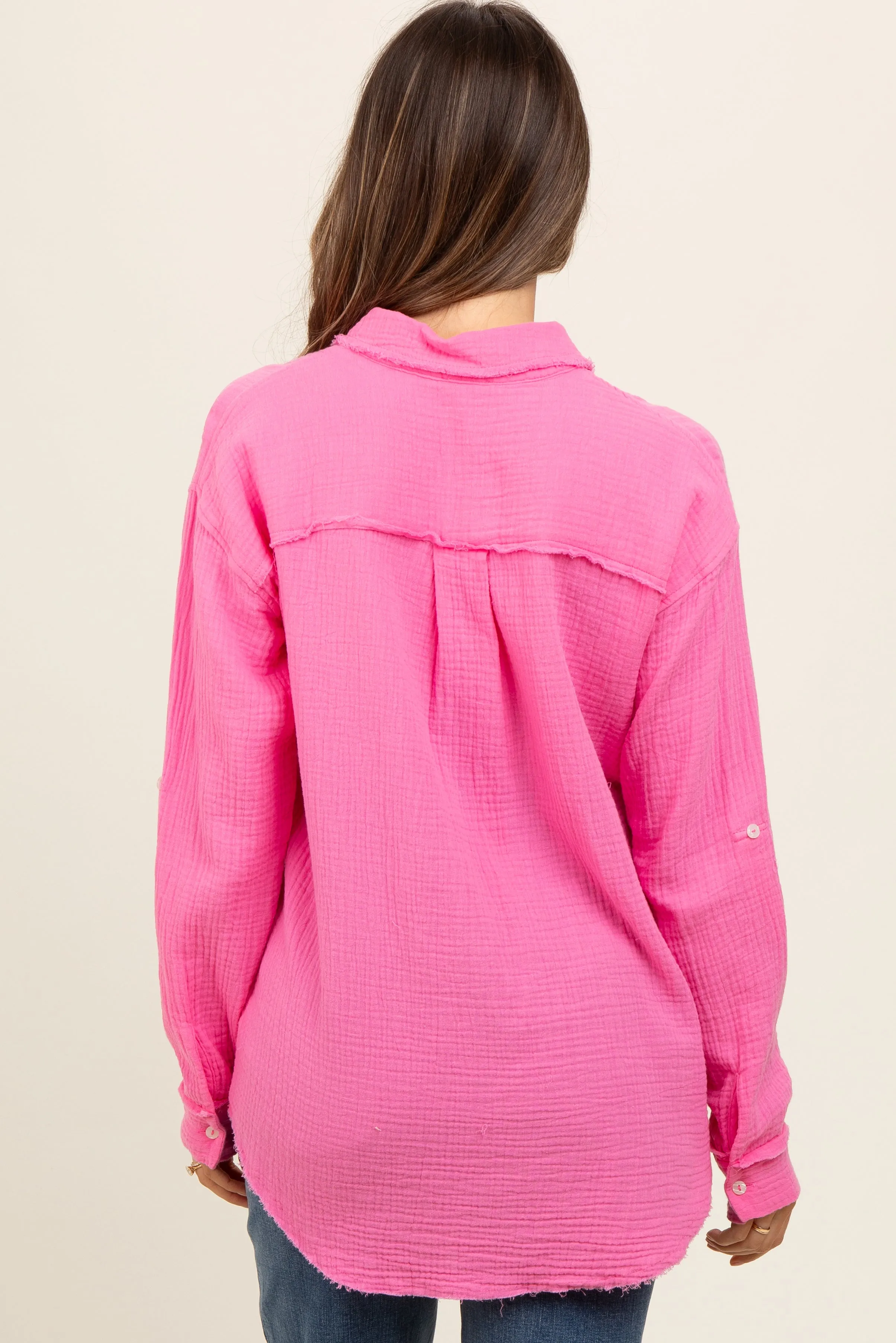 Pink Front Pocket Fringe Hem Button Up Maternity Shirt sold by Pinkblush product image thumbnail 4