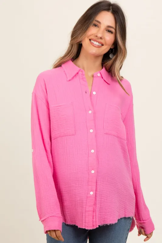 Pink Front Pocket Fringe Hem Button Up Maternity Shirt sold by Pinkblush