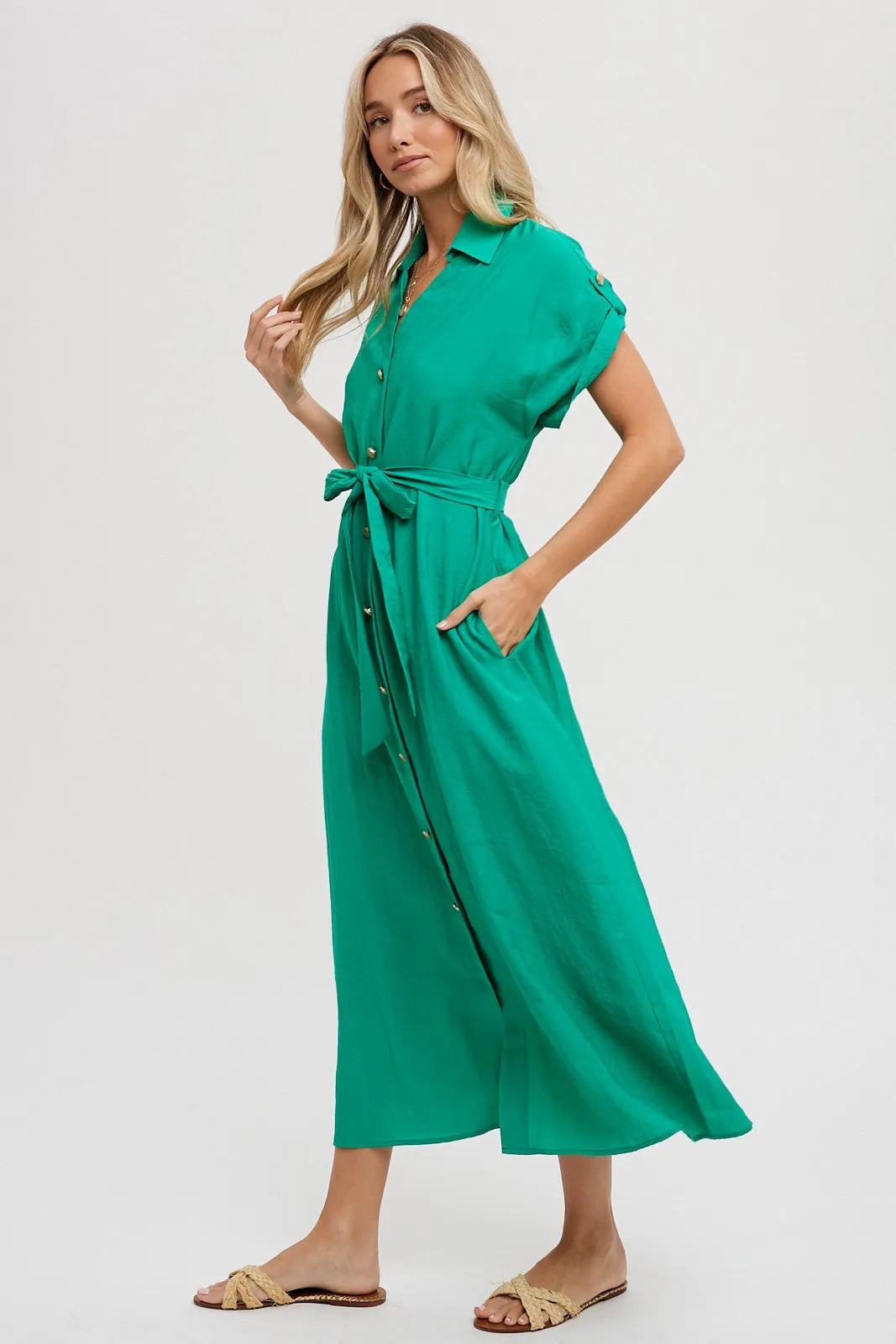 Green Button Front Belted Short Sleeve Midi Dress sold by Pinkblush product image thumbnail 2