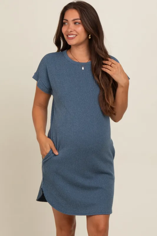Blue Ribbed Round Hem Maternity Dress sold by Pinkblush