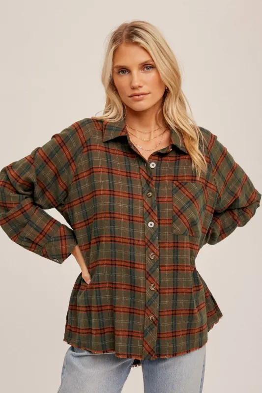 Olive Plaid Button Down Raw Edge Flannel Top sold by Pinkblush