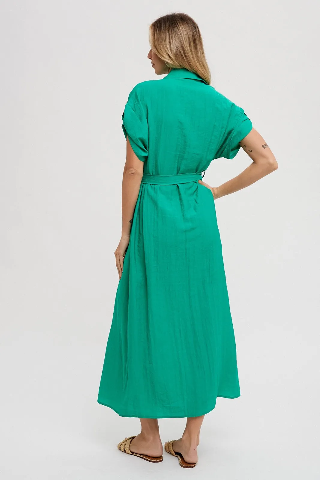 Green Button Front Belted Short Sleeve Midi Dress sold by Pinkblush product image thumbnail 3