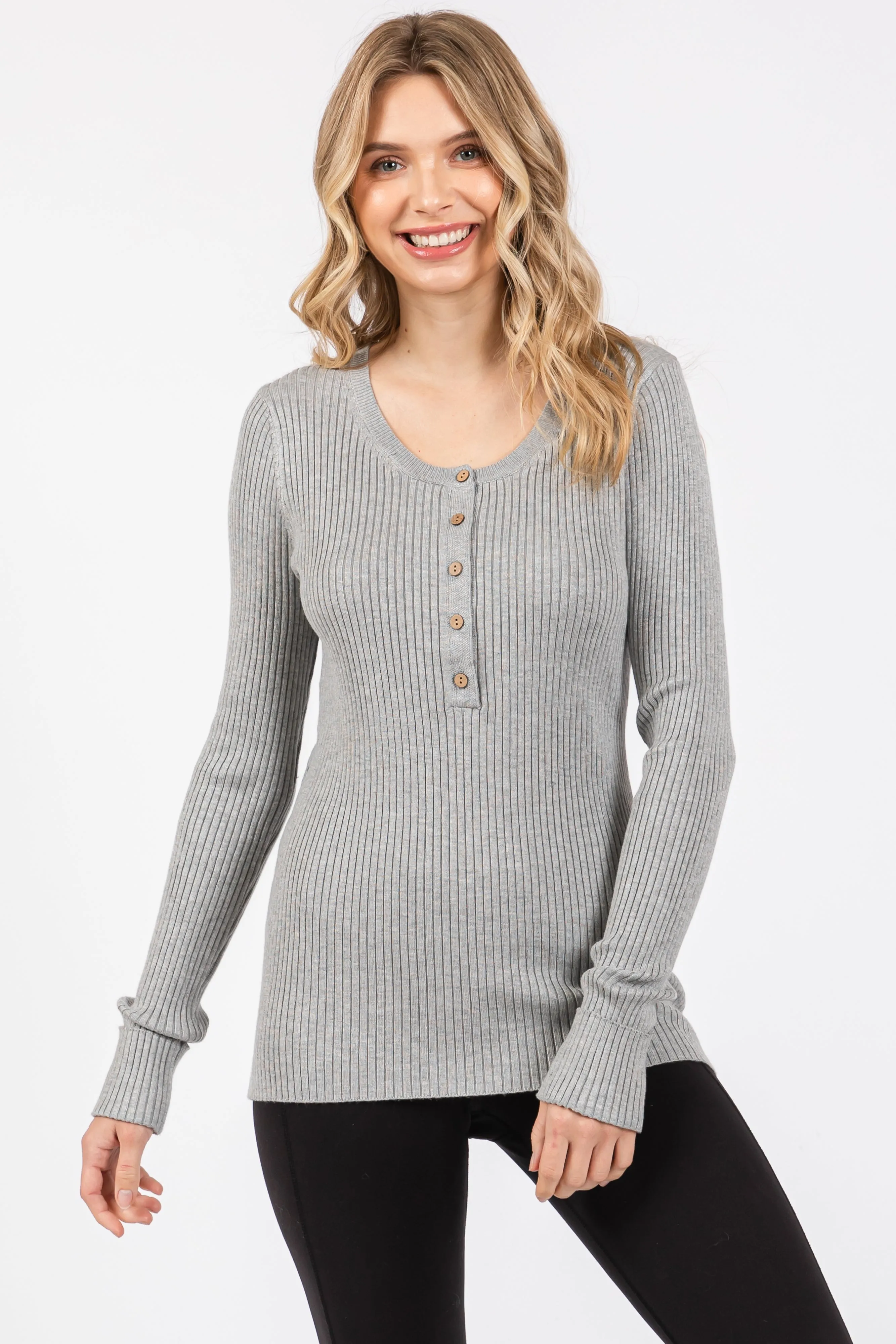 Heather Grey Ribbed Henley Top sold by Pinkblush