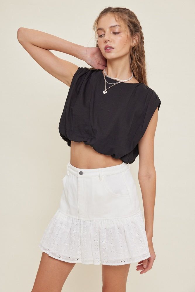 Black Ruched Shoulder Bubble Hem Crop Top sold by Pinkblush product image thumbnail 2