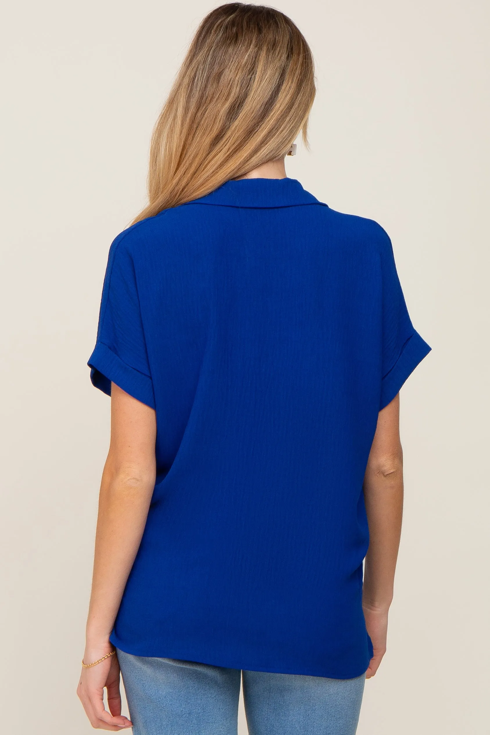 Royal Blue Collared Button-Down Short Sleeve Maternity Blouse sold by Pinkblush product image thumbnail 3