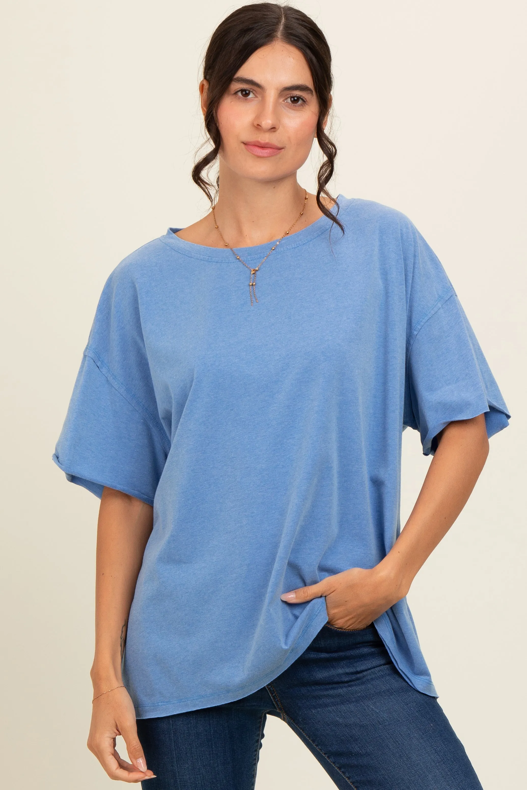 Blue Raw Rolled Hem Top sold by Pinkblush