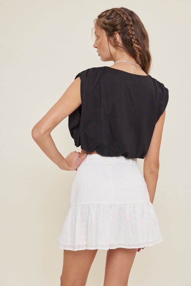 Black Ruched Shoulder Bubble Hem Crop Top sold by Pinkblush product image thumbnail 3
