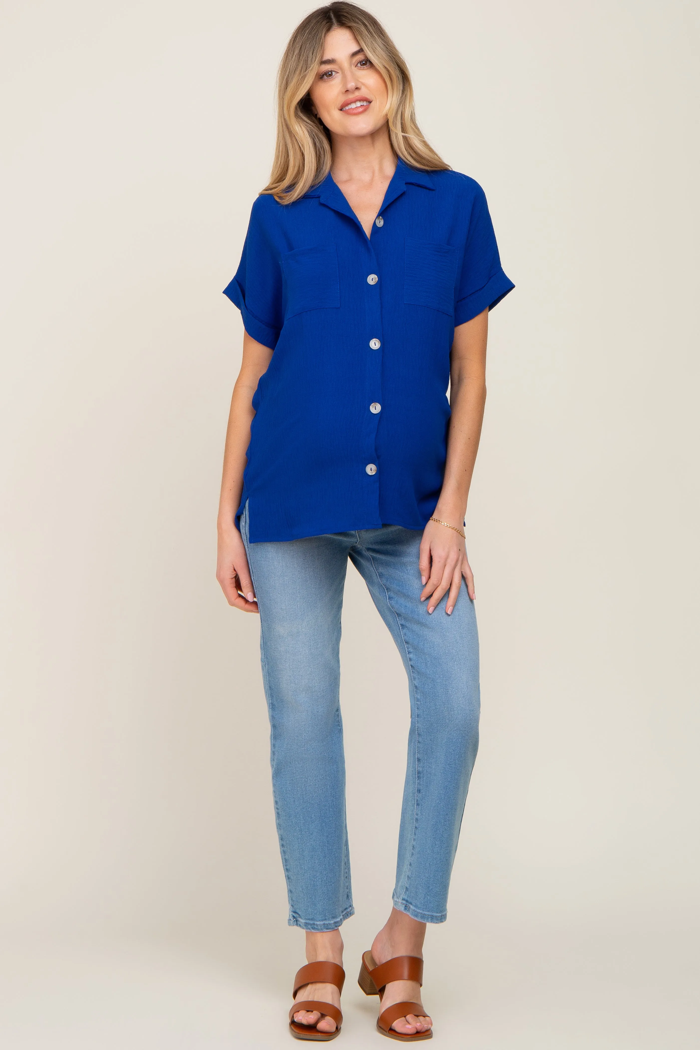 Royal Blue Collared Button-Down Short Sleeve Maternity Blouse sold by Pinkblush product image thumbnail 4