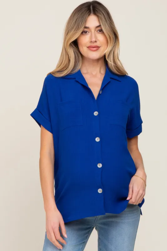 Royal Blue Collared Button-Down Short Sleeve Maternity Blouse sold by Pinkblush