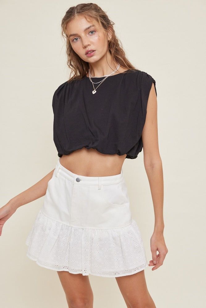 Black Ruched Shoulder Bubble Hem Crop Top sold by Pinkblush
