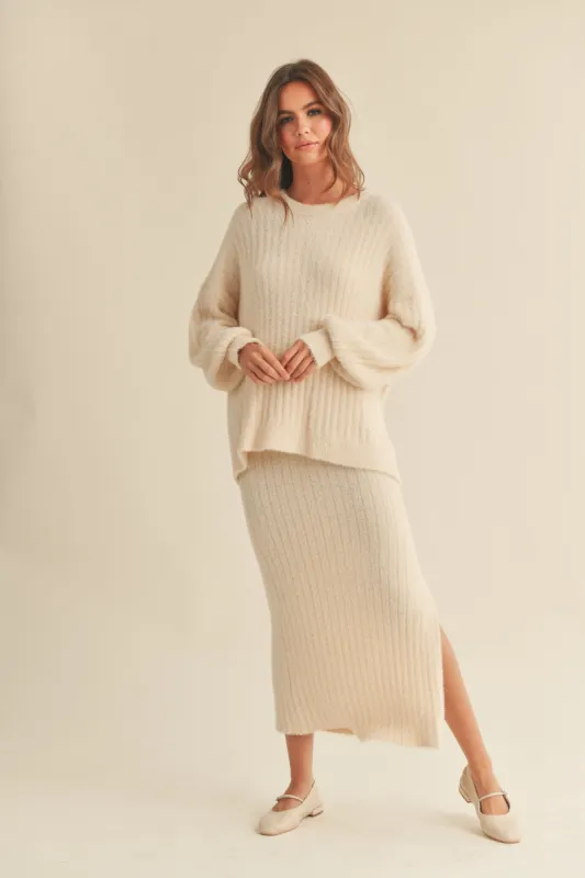 Ivory Fuzzy Ribbed Midi Skirt sold by Pinkblush