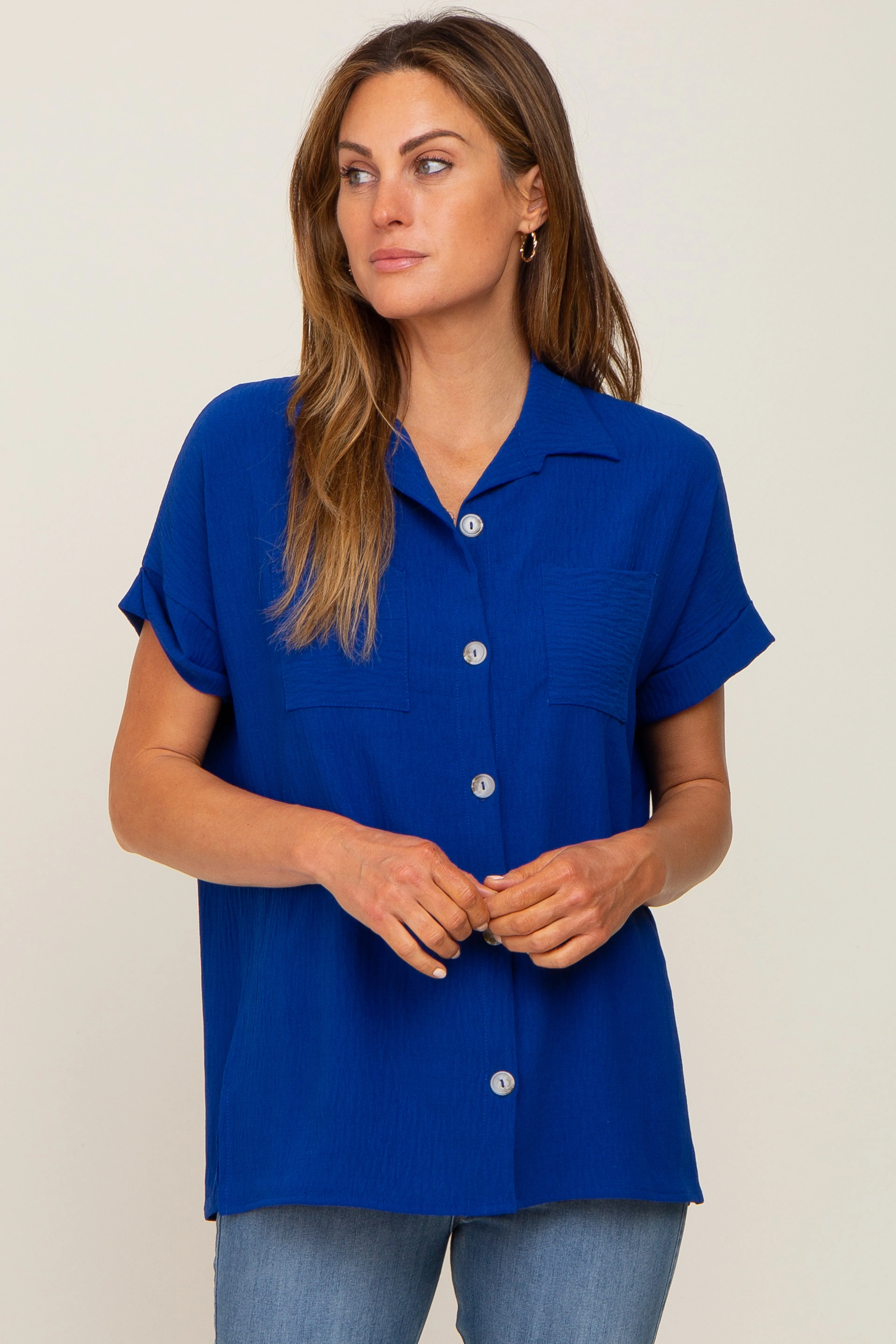 Royal Blue Collared Button-Down Short Sleeve Maternity Blouse sold by Pinkblush product image thumbnail 5