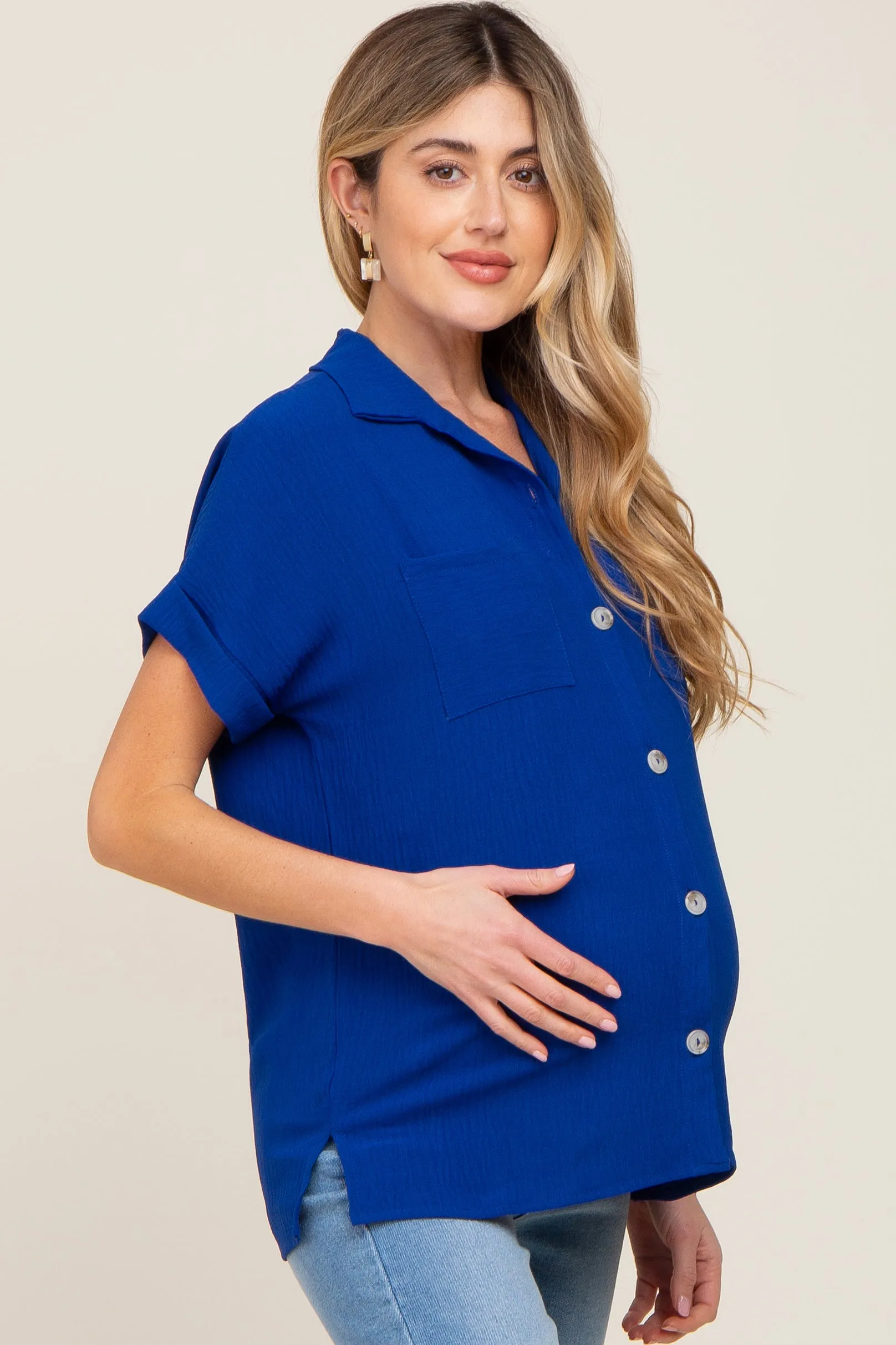 Royal Blue Collared Button-Down Short Sleeve Maternity Blouse sold by Pinkblush product image thumbnail 2