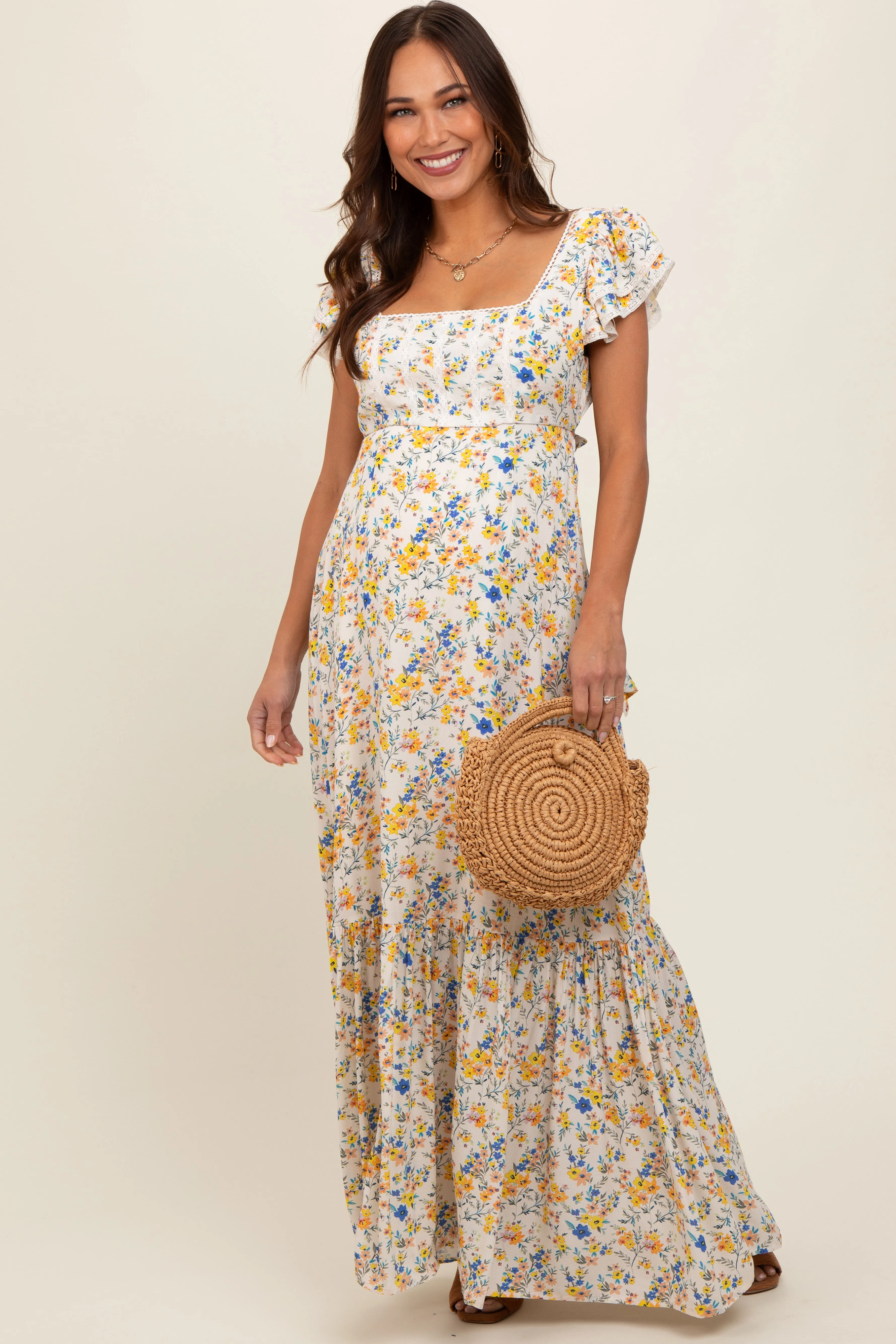 Multicolor Floral Crochet Accent Maternity Maxi Dress sold by Pinkblush