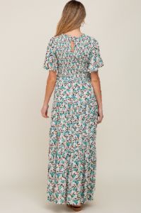 Green Floral Smocked Tiered Maternity Maxi Dress sold by Pinkblush