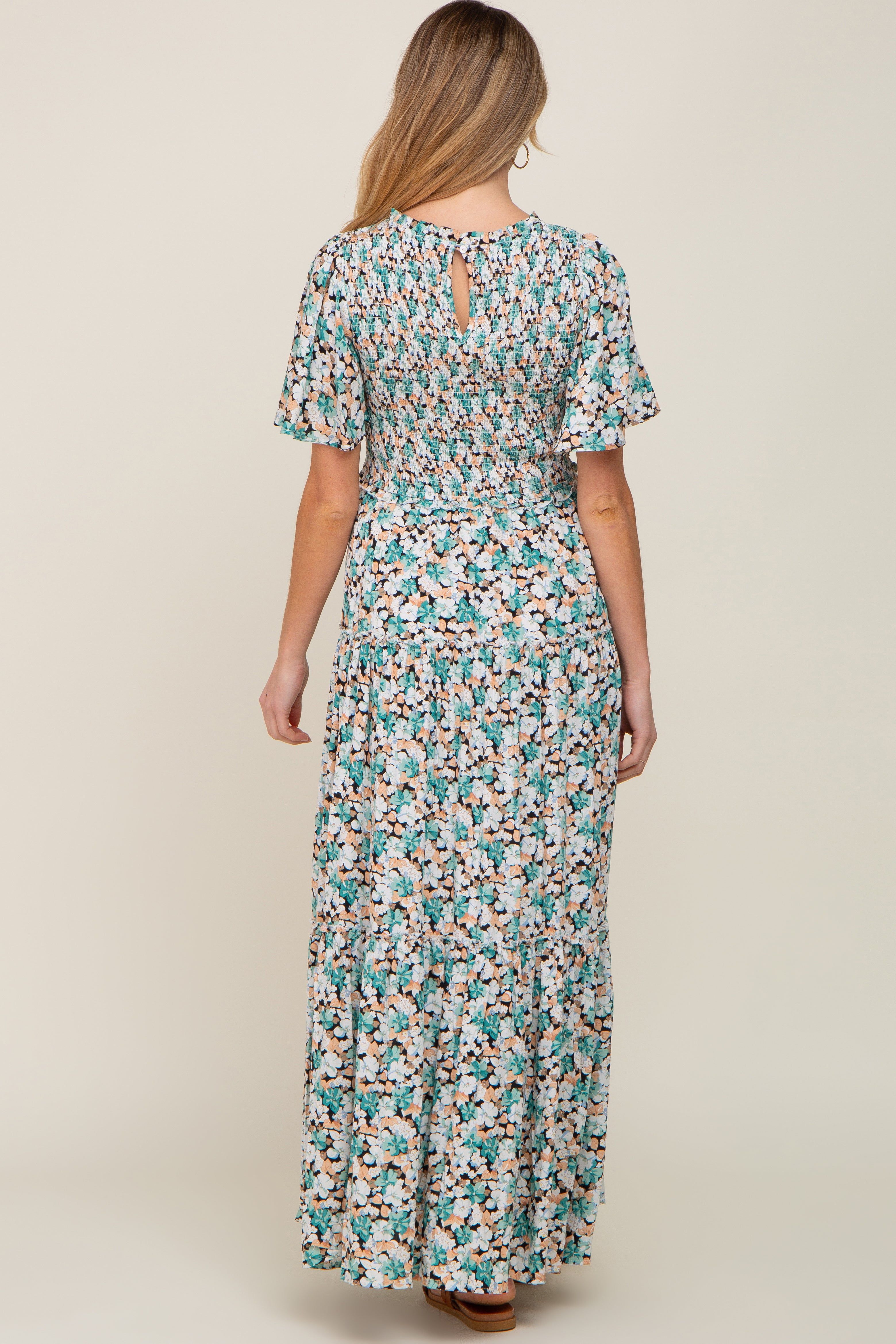 Green Floral Smocked Tiered Maternity Maxi Dress sold by Pinkblush product image thumbnail 3