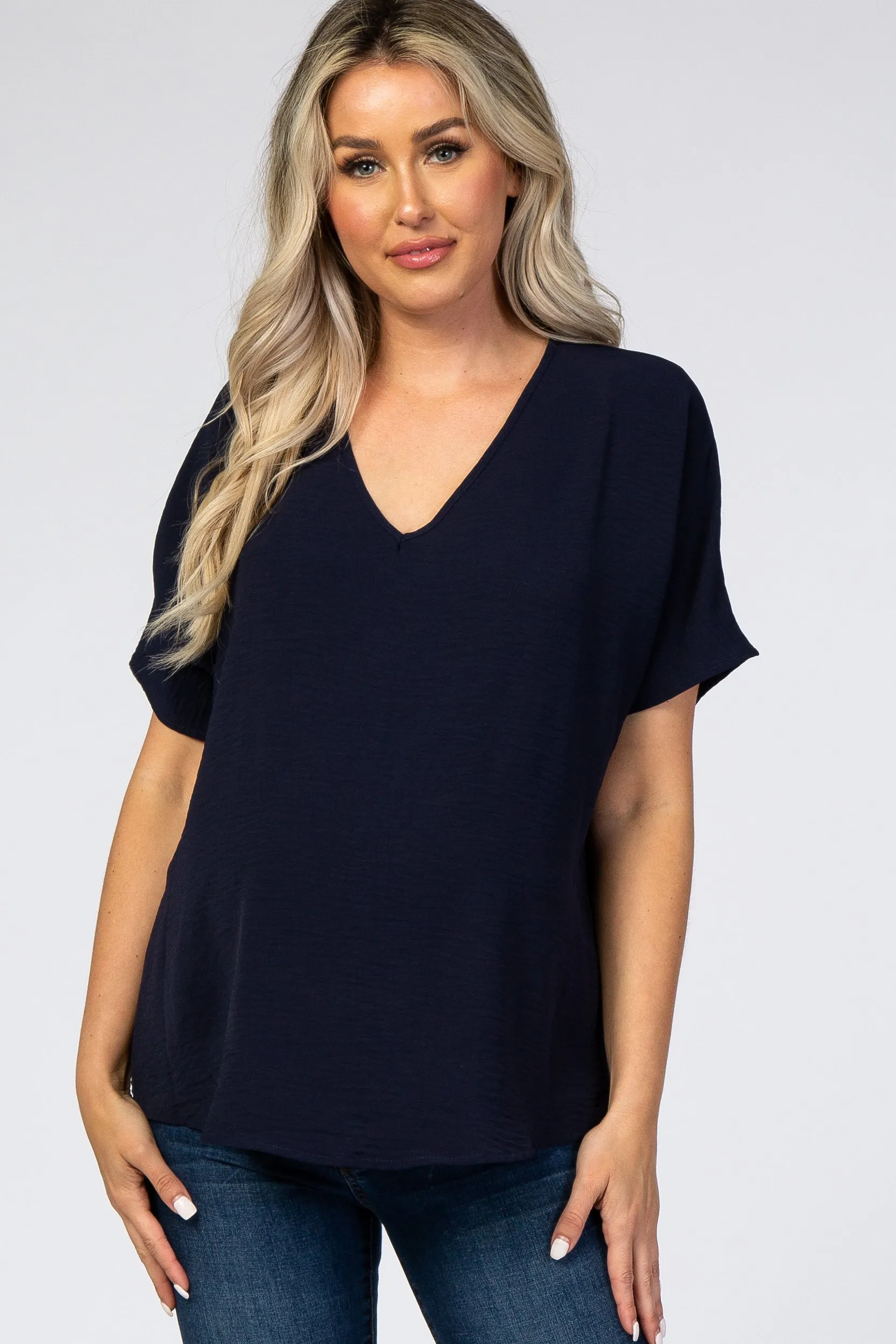 Navy Short Sleeve Maternity Blouse sold by Pinkblush