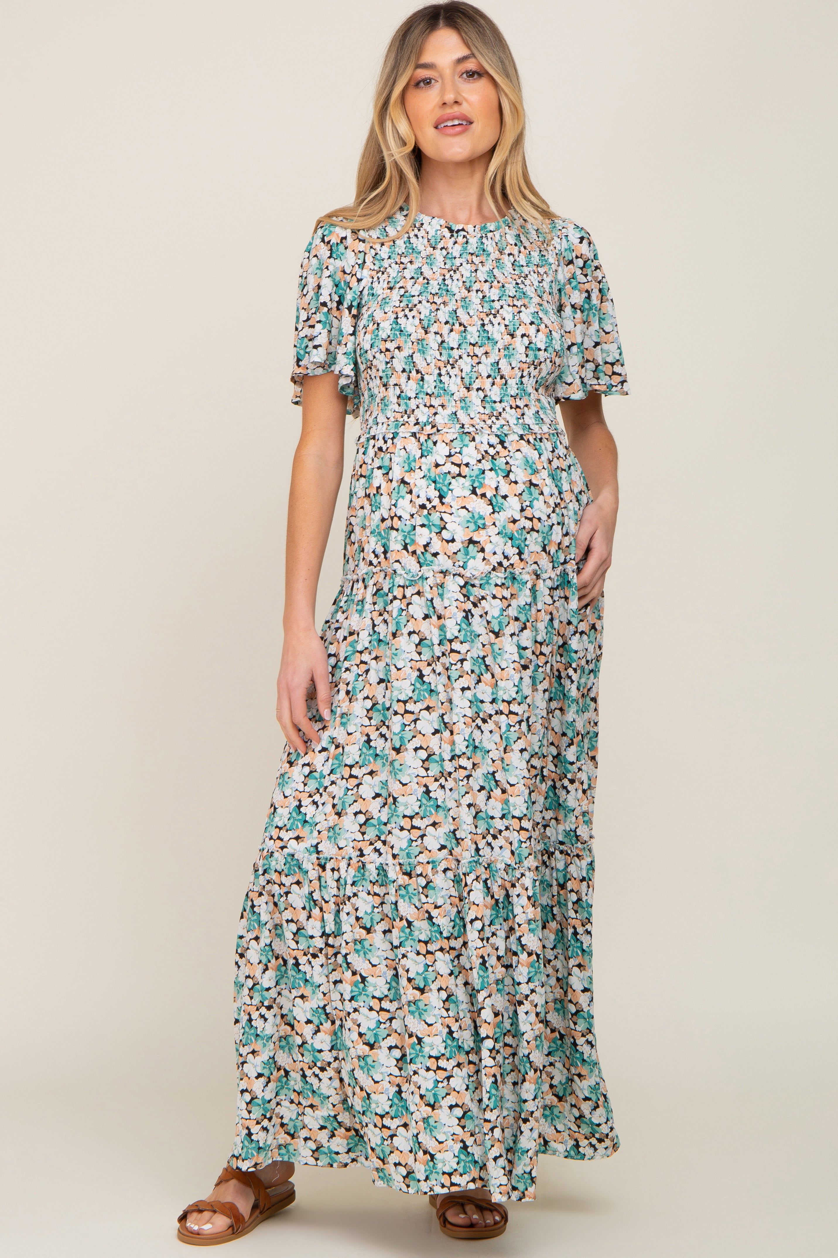 Green Floral Smocked Tiered Maternity Maxi Dress sold by Pinkblush