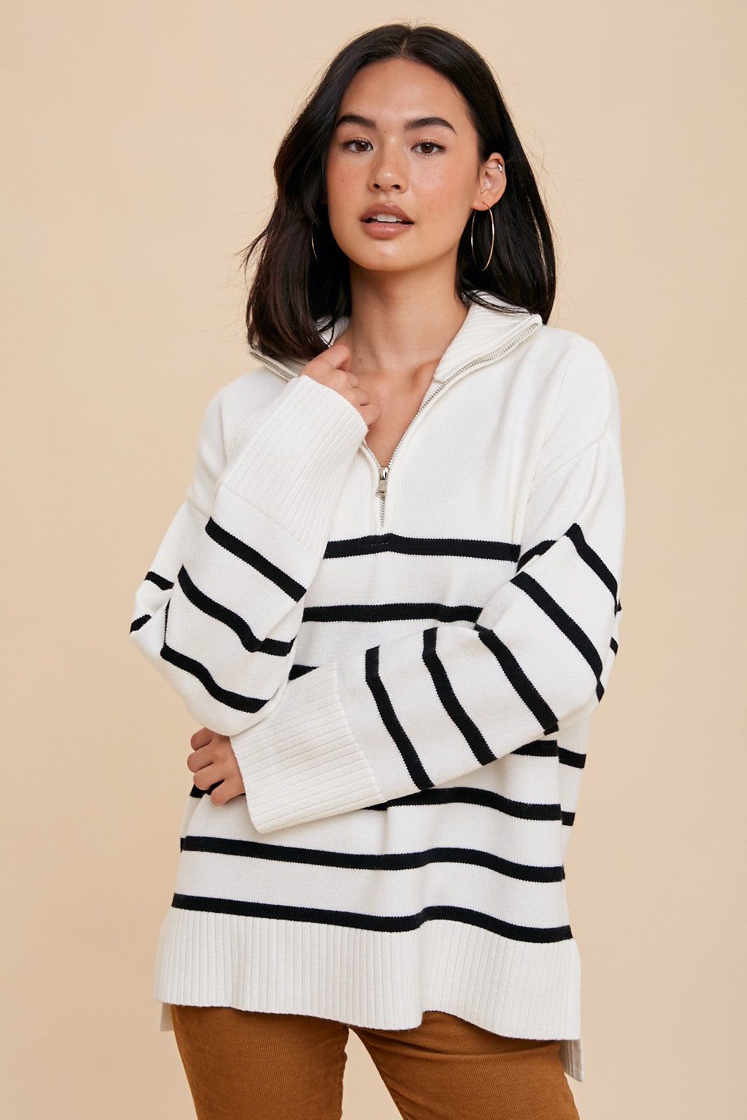 Black Striped Half Zip Knit Pullover sold by Pinkblush