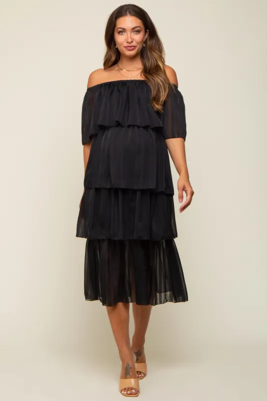 Black Striped Layered Maternity Midi Dress sold by Pinkblush