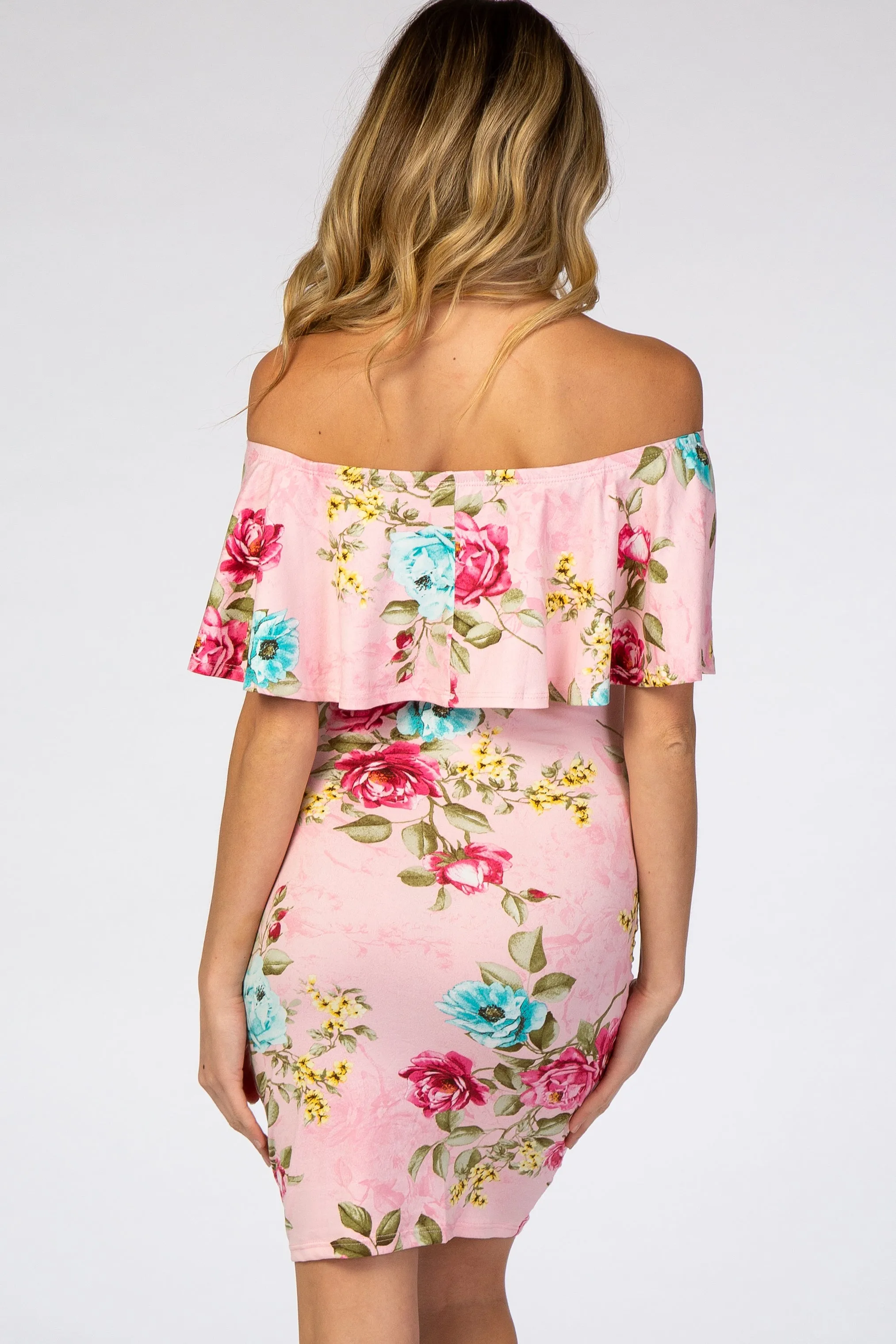 Pink Floral Off Shoulder Fitted Maternity Dress sold by Pinkblush product image thumbnail 3