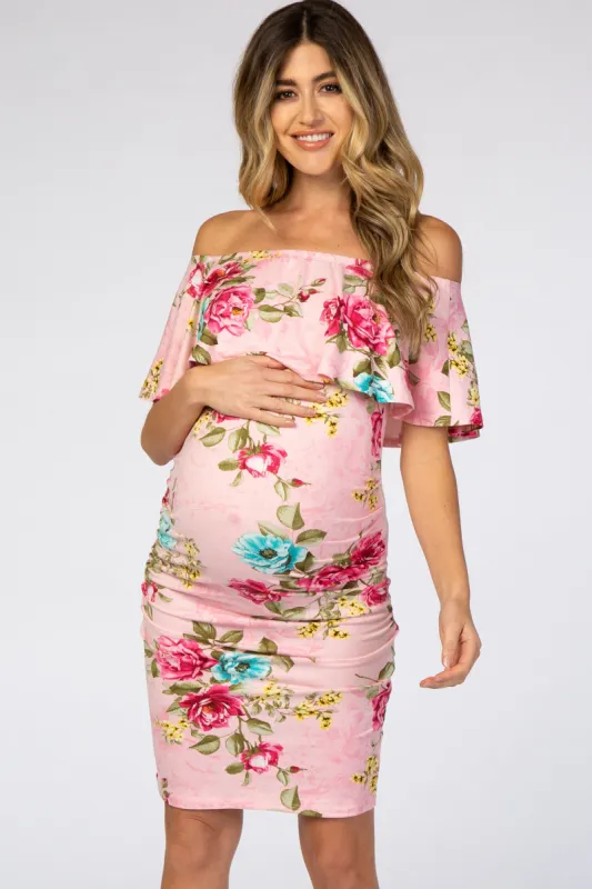 Pink Floral Off Shoulder Fitted Maternity Dress sold by Pinkblush