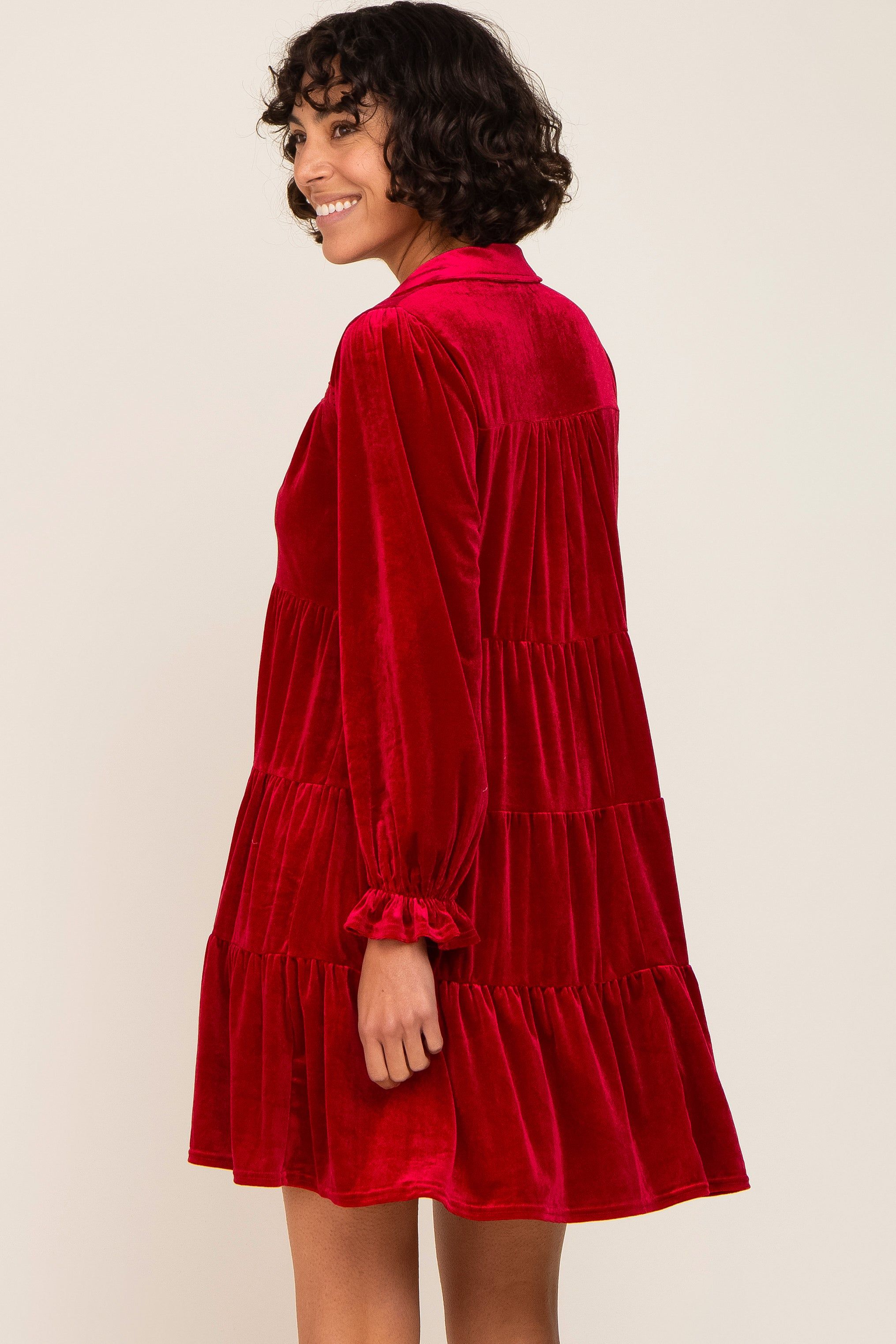 Red Velvet Long Sleeve Tiered Collared Dress sold by Pinkblush product image thumbnail 3