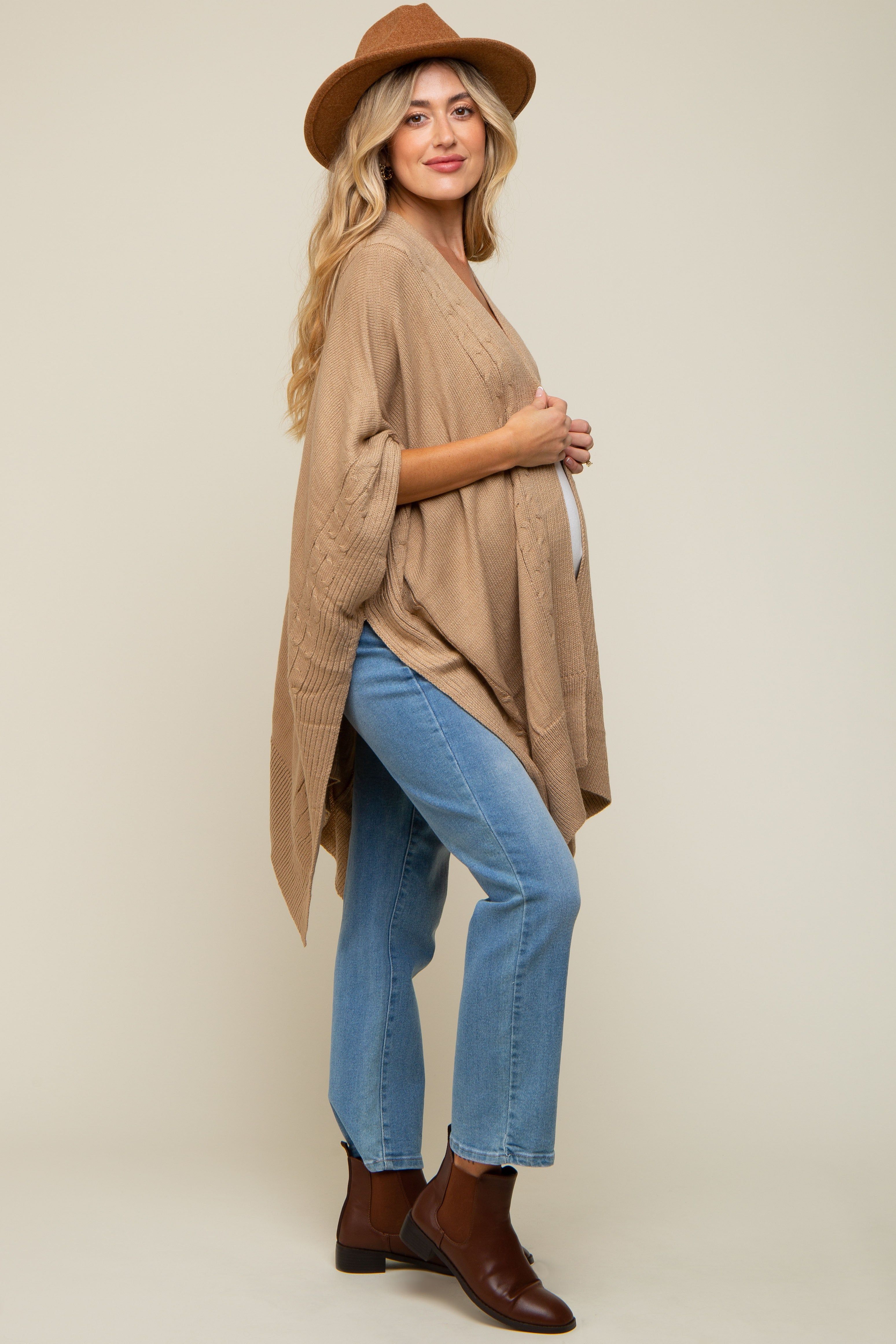 Beige Draped Cable Knit Dolman Sleeve Maternity Cardigan sold by Pinkblush product image thumbnail 2