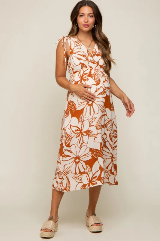 Rust Floral Shoulder Tie Maternity Midi Dress sold by Pinkblush