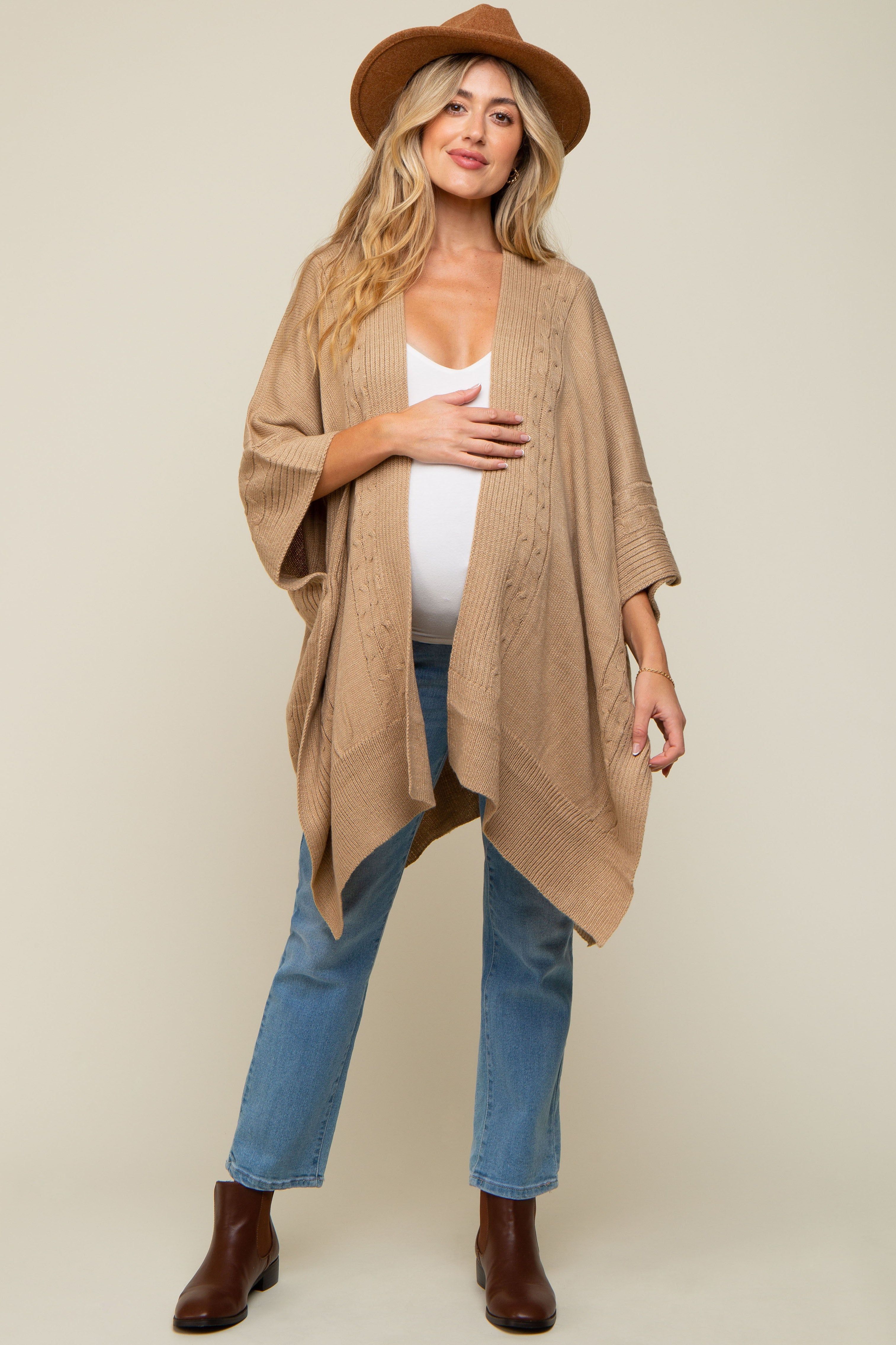 Beige Draped Cable Knit Dolman Sleeve Maternity Cardigan sold by Pinkblush
