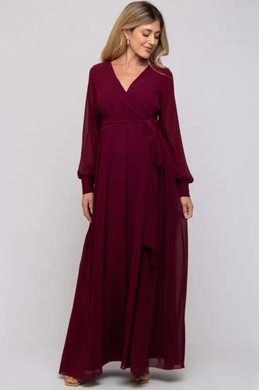 Burgundy Chiffon Wrap Maternity Gown sold by Pinkblush