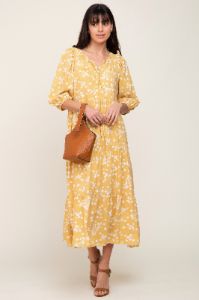 Yellow Floral Button Front Tiered Midi Dress sold by Pinkblush