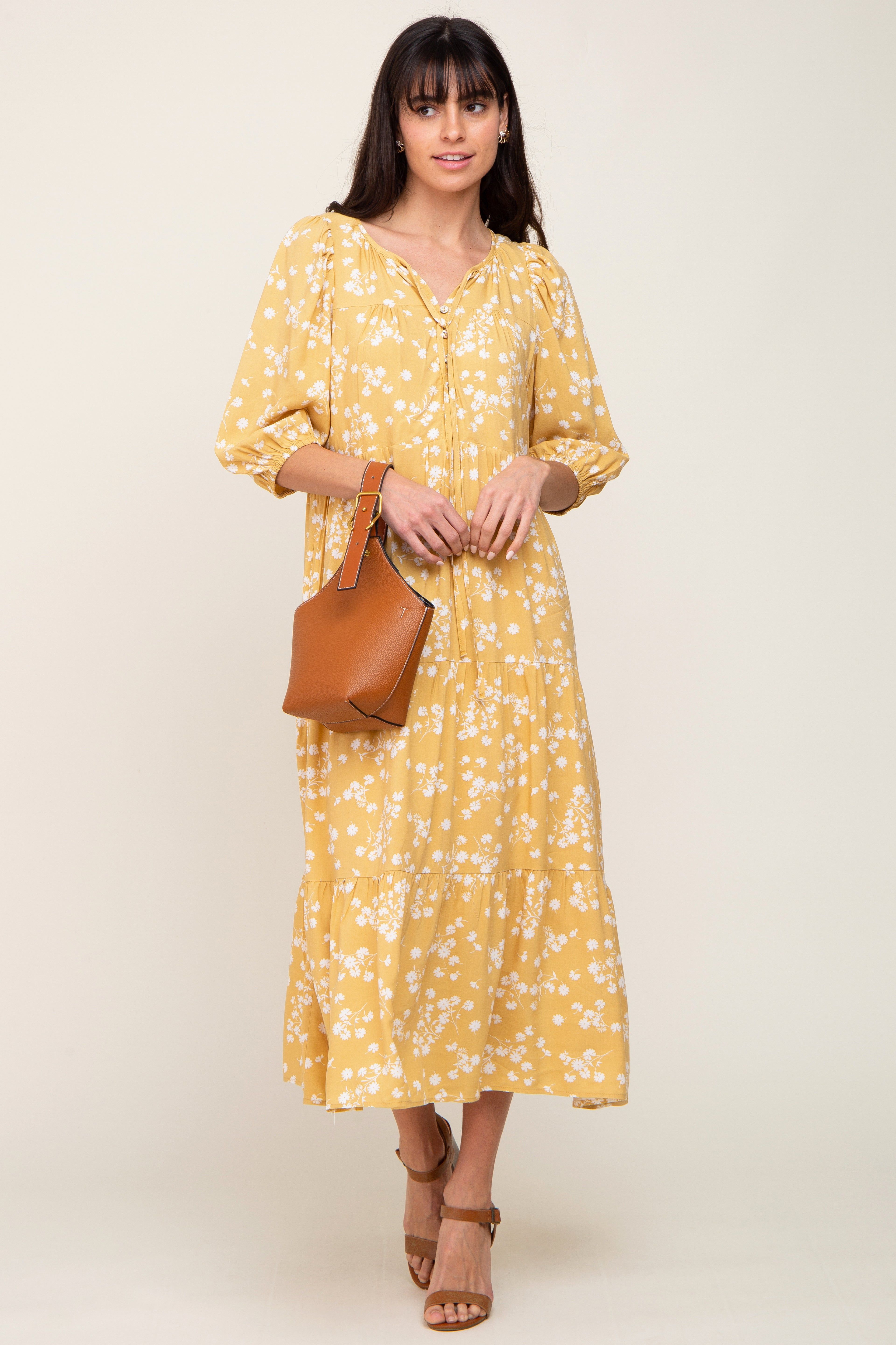 Yellow Floral Button Front Tiered Midi Dress sold by Pinkblush product image thumbnail 3