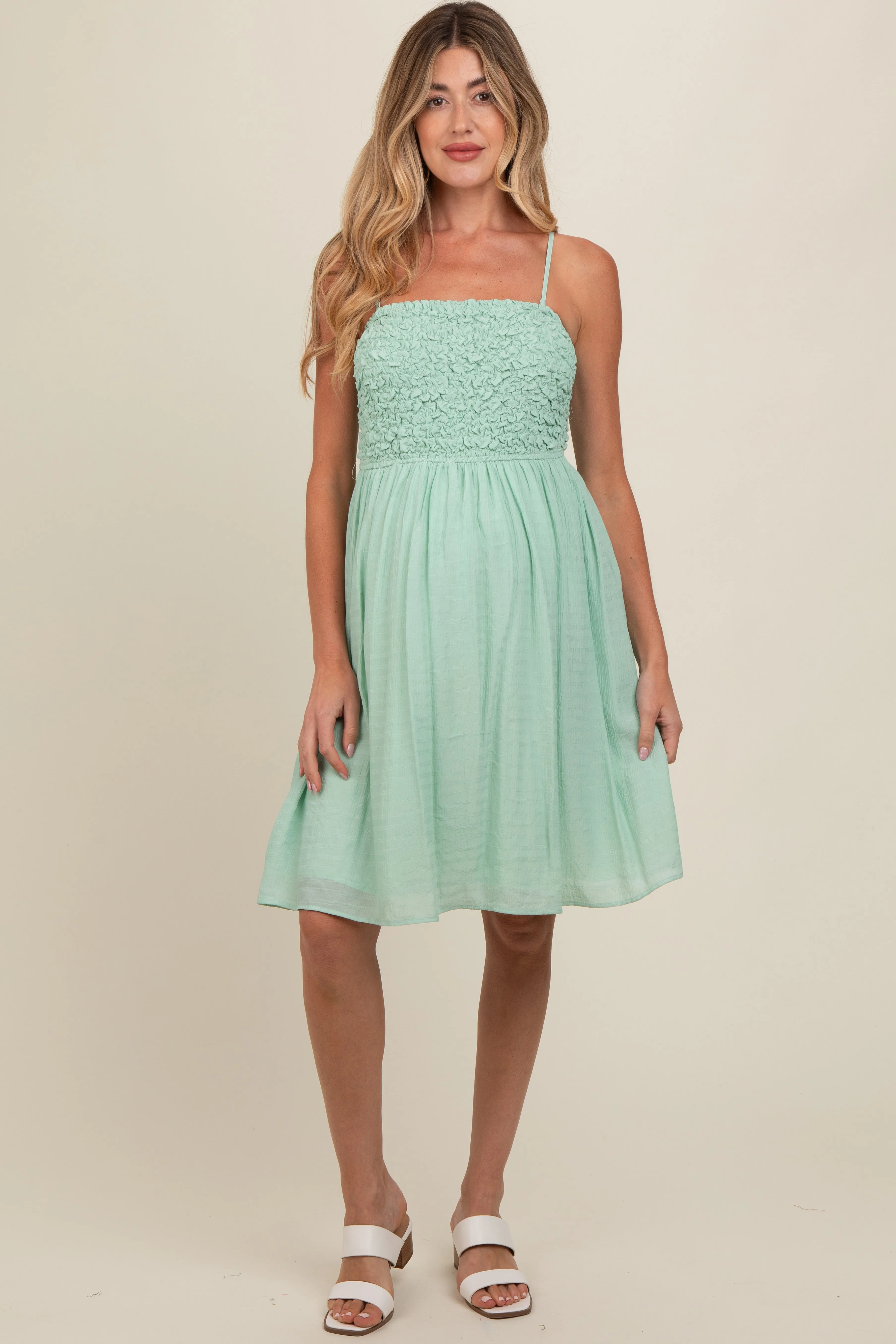 Light Olive Textured Smocked Maternity Dress sold by Pinkblush