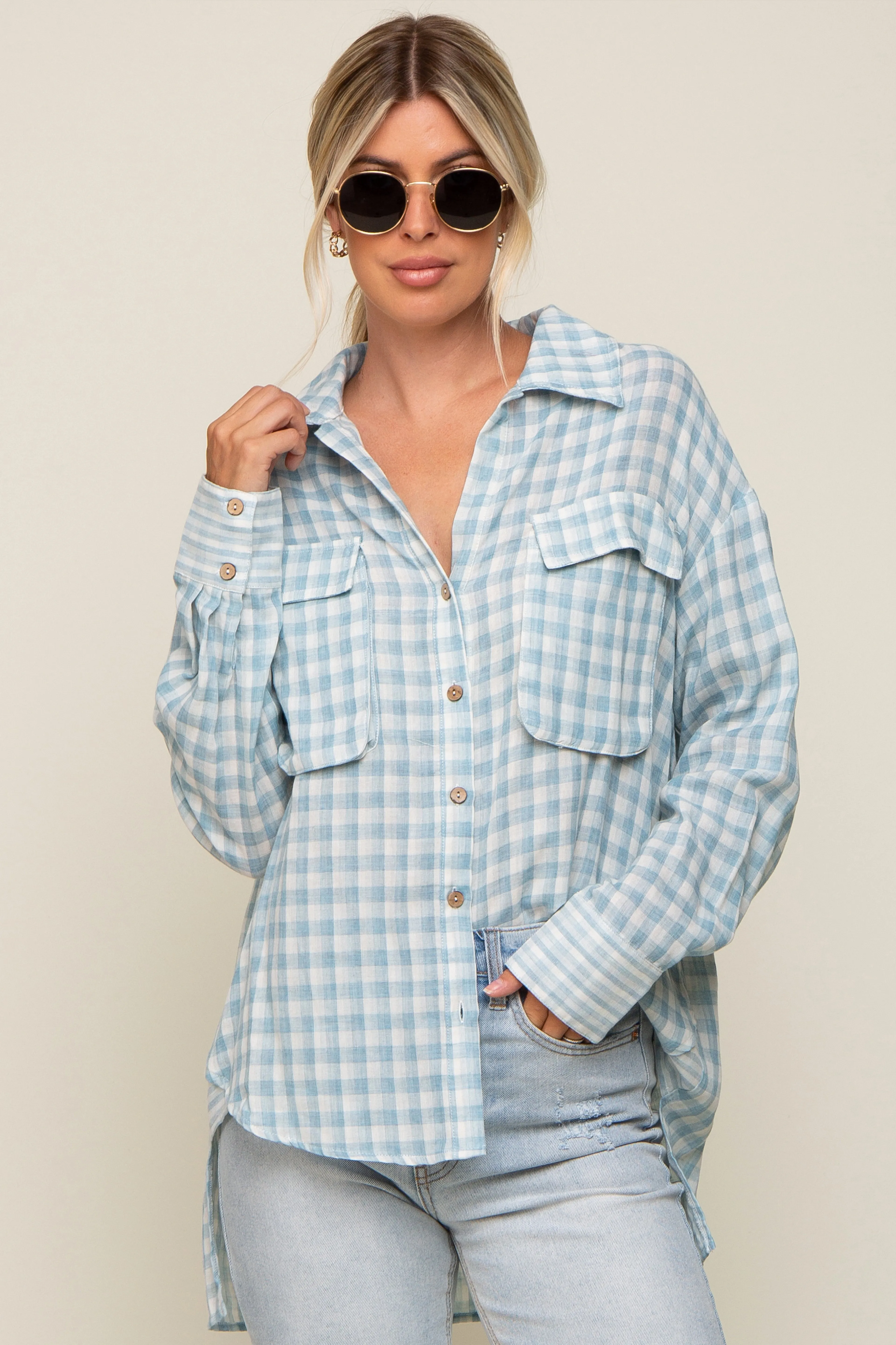 Light Blue Plaid Front Pocket Hi-Low Top sold by Pinkblush