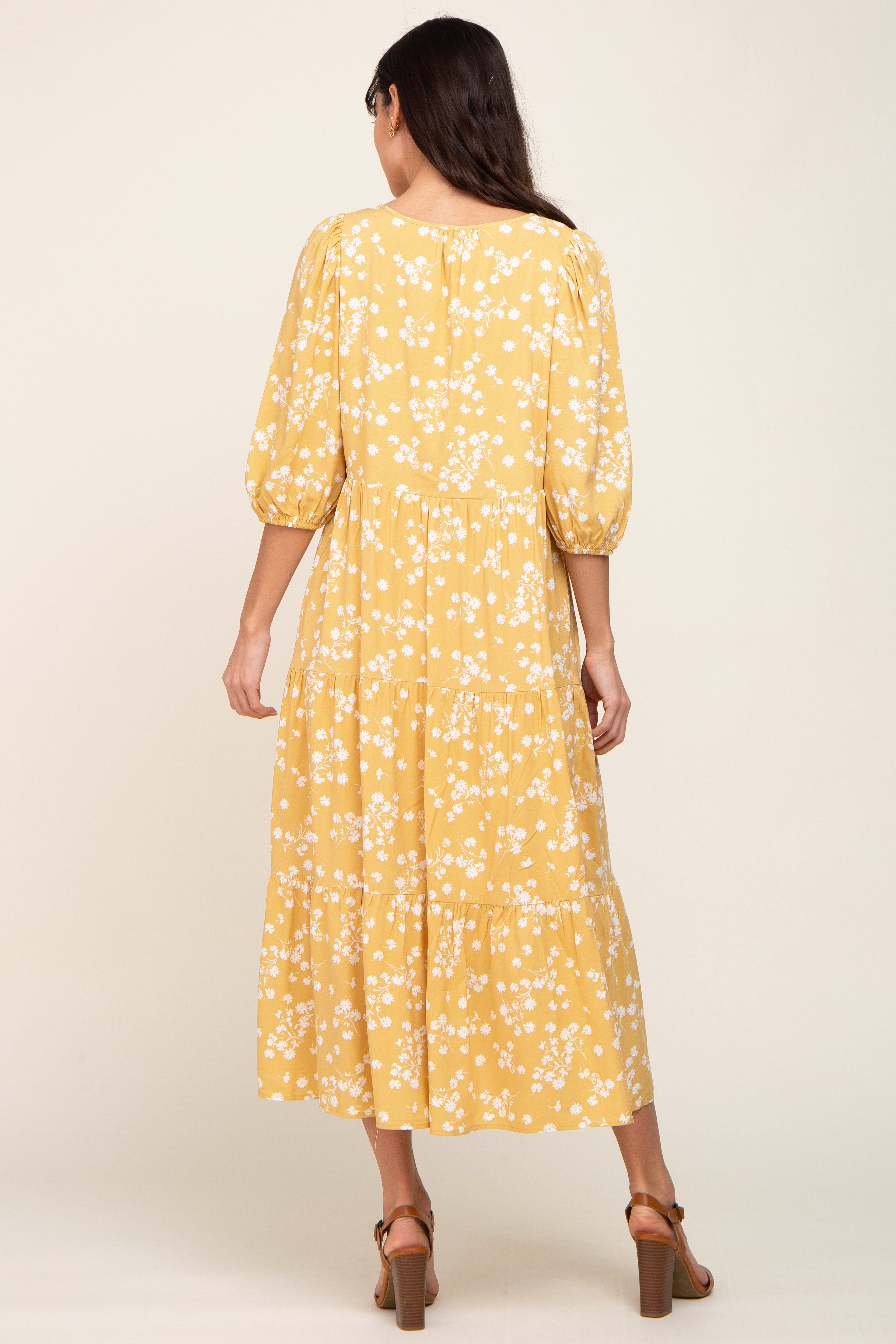 Yellow Floral Button Front Tiered Midi Dress sold by Pinkblush product image thumbnail 4