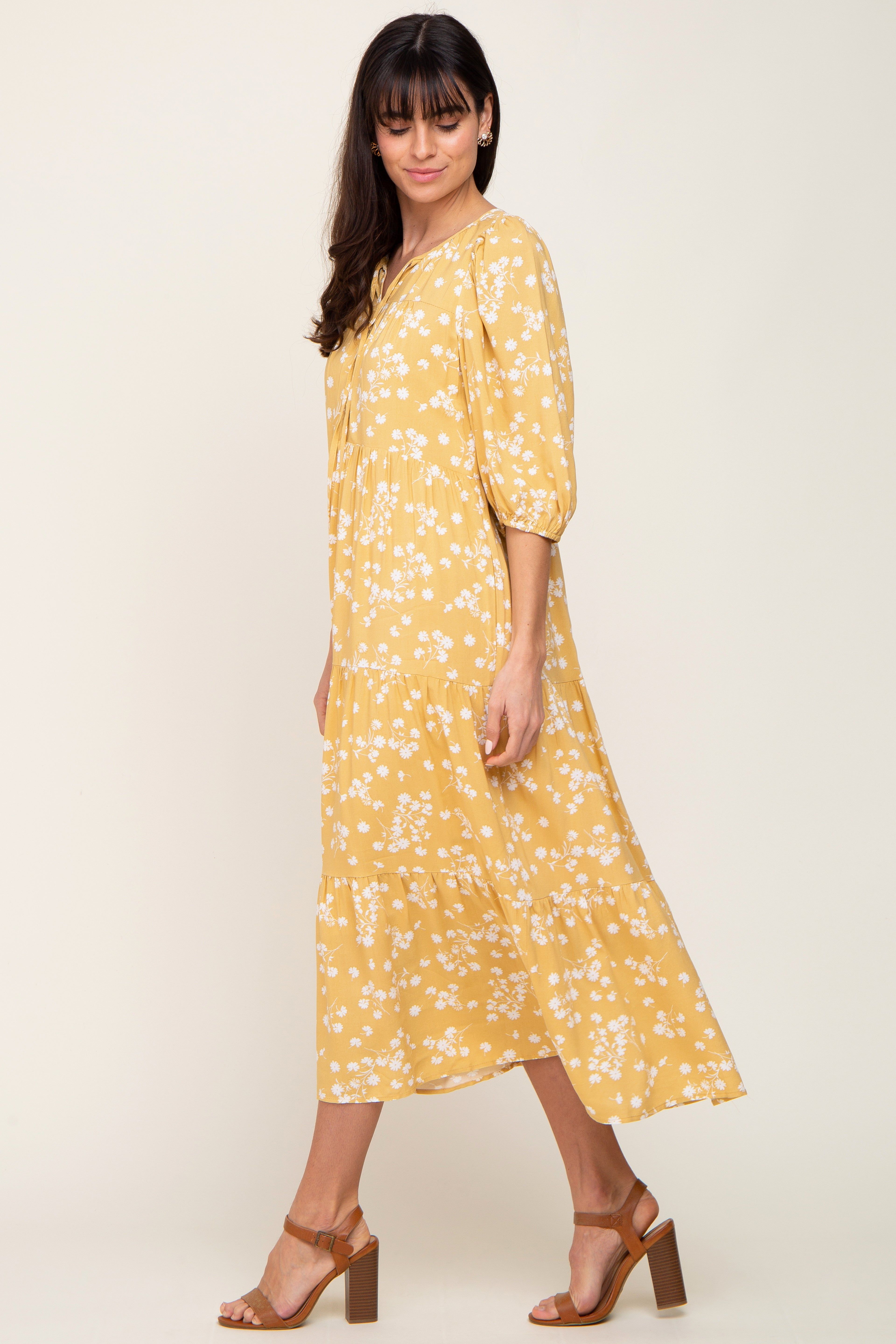Yellow Floral Button Front Tiered Midi Dress sold by Pinkblush product image thumbnail 2
