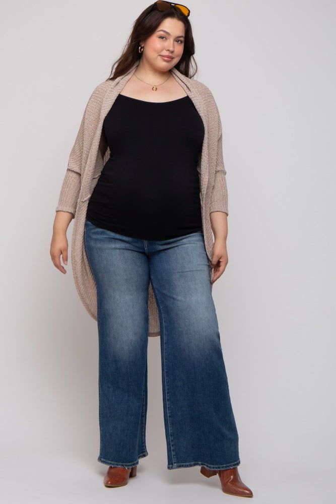 Beige Open Knit Dolman Sleeve Maternity Plus Cardigan sold by Pinkblush