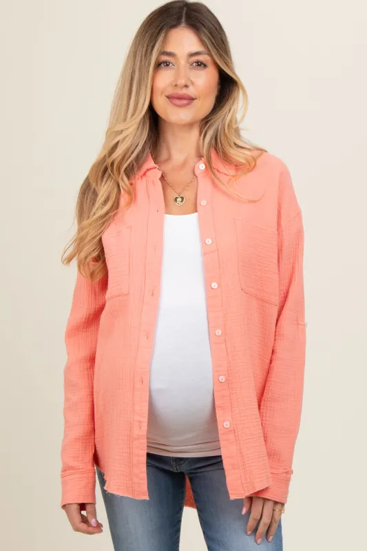 Peach Front Pocket Fringe Hem Button Up Maternity Shirt sold by Pinkblush