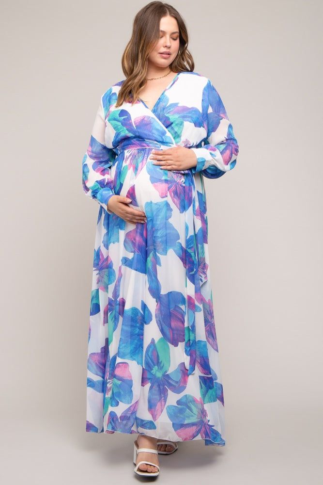Blue Floral Chiffon Maternity Plus Maxi Dress sold by Pinkblush product image thumbnail 4