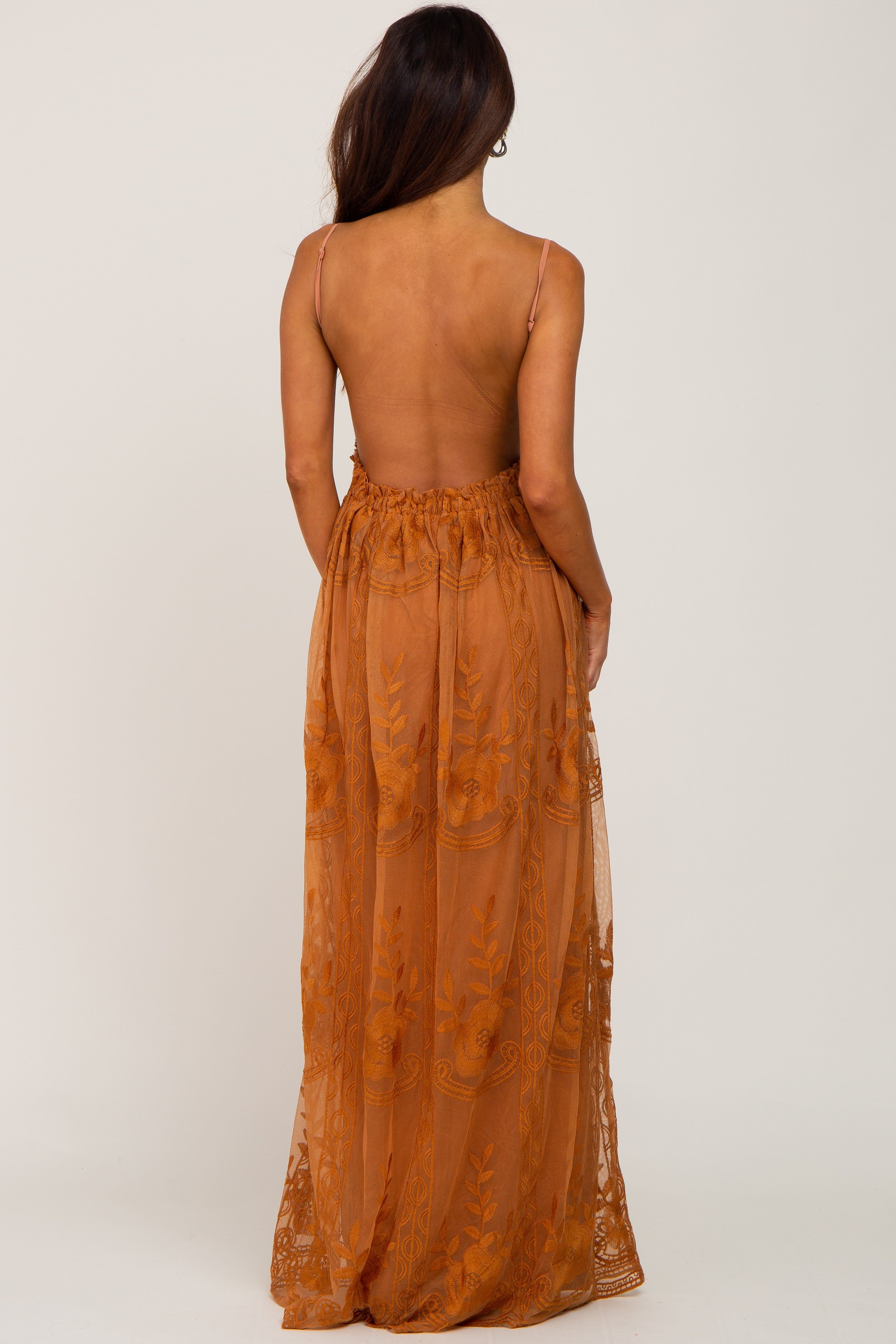 Camel Crochet Lace Open Back Maxi Dress sold by Pinkblush product image thumbnail 3